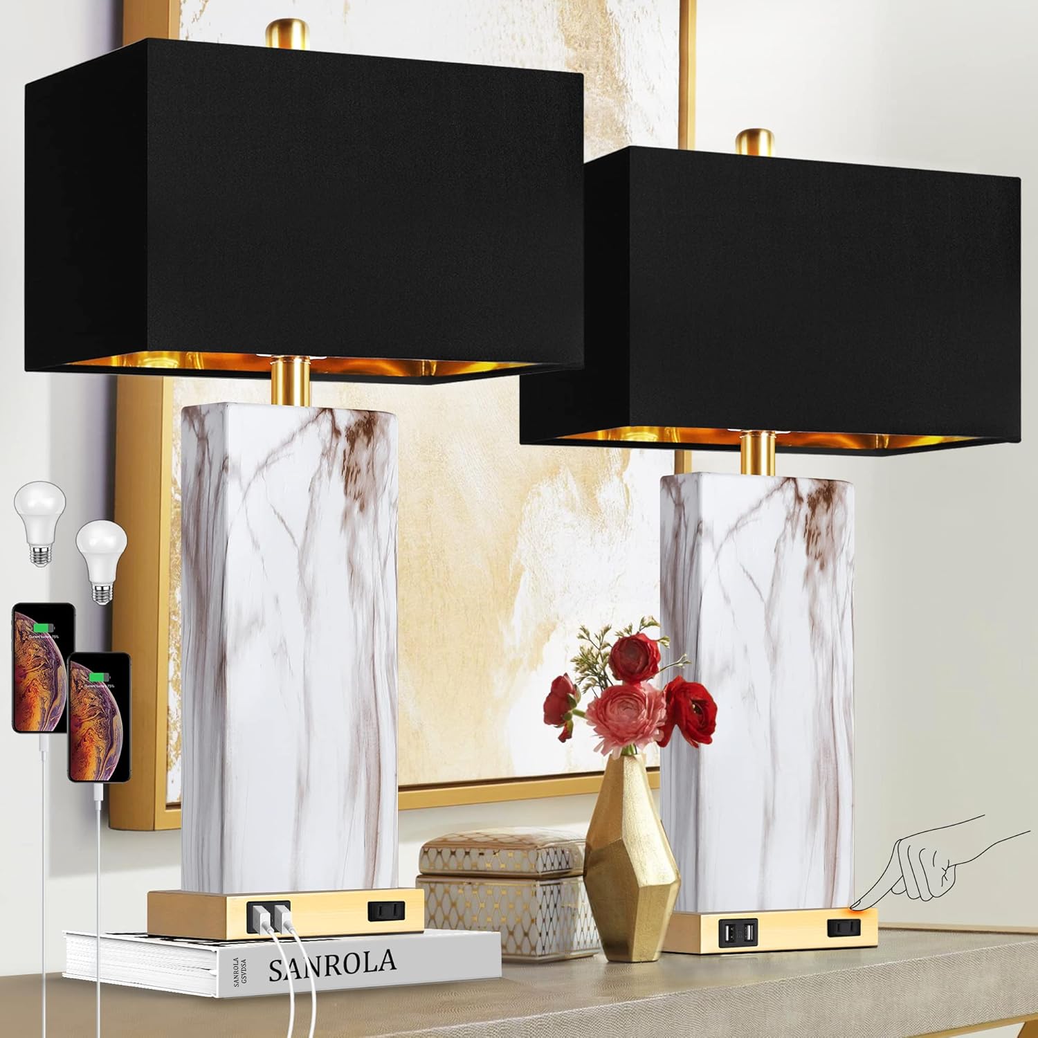 Touch Control Table Lamps Set Of 2, Modern Contemporary Bedside Lamp With 2 USB Ports 1 AC Outlet, 3-Way Dimmable Nightstand Lamp Faux Marble Gold Black Rectangular Shade For Living Room Bedroom