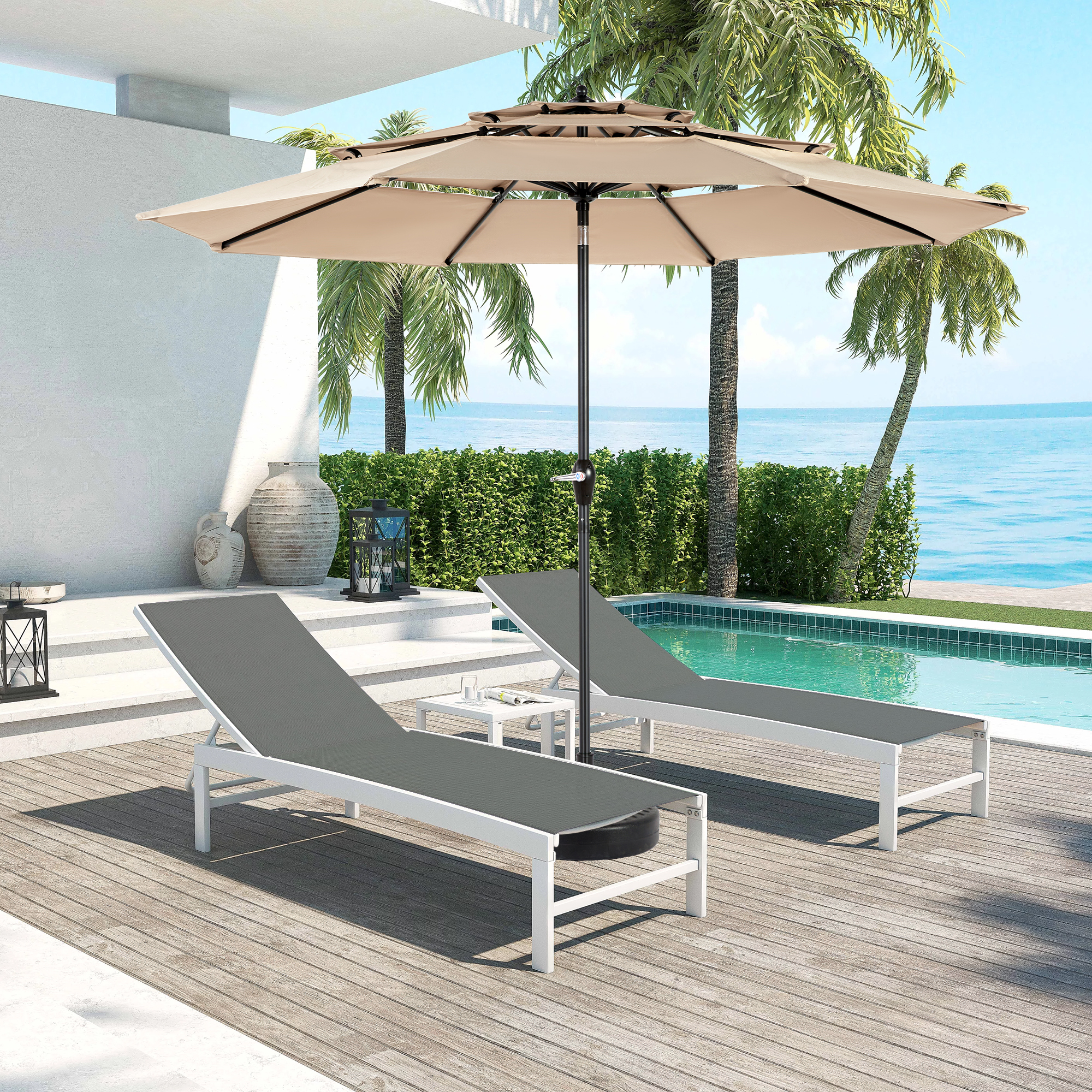 Aluminium 10ft 3 Tier Auto-tilt Umbrella ,Outdoor Patio Umbrella - Market Table Pool Deck Umbrella Base Not Included   Khaki