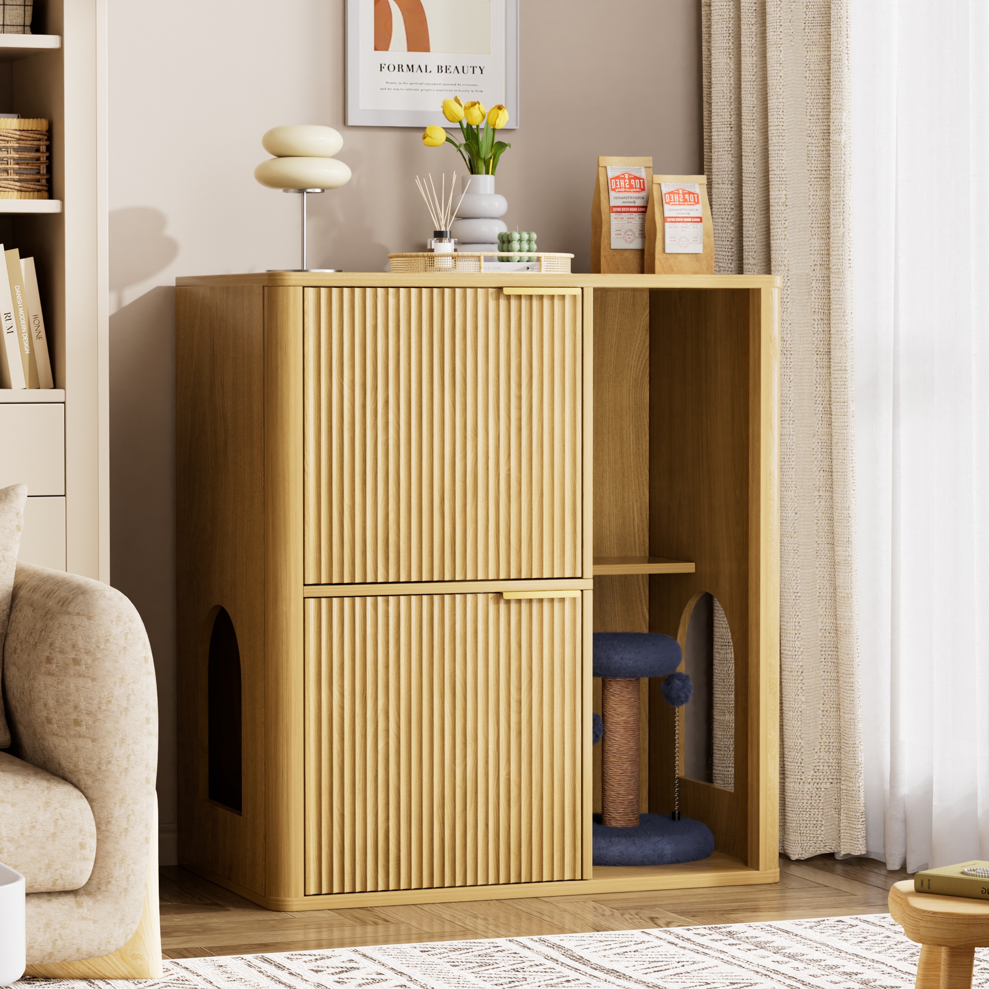 31.5-inch Light Wood Cat Litter Cabinet With Cat Tree - Grooved Concealed Litter Furniture Featuring Dual Cat Doors And Storage Shelves, Versatile Pet Cabinet For Living Rooms Or Bedrooms