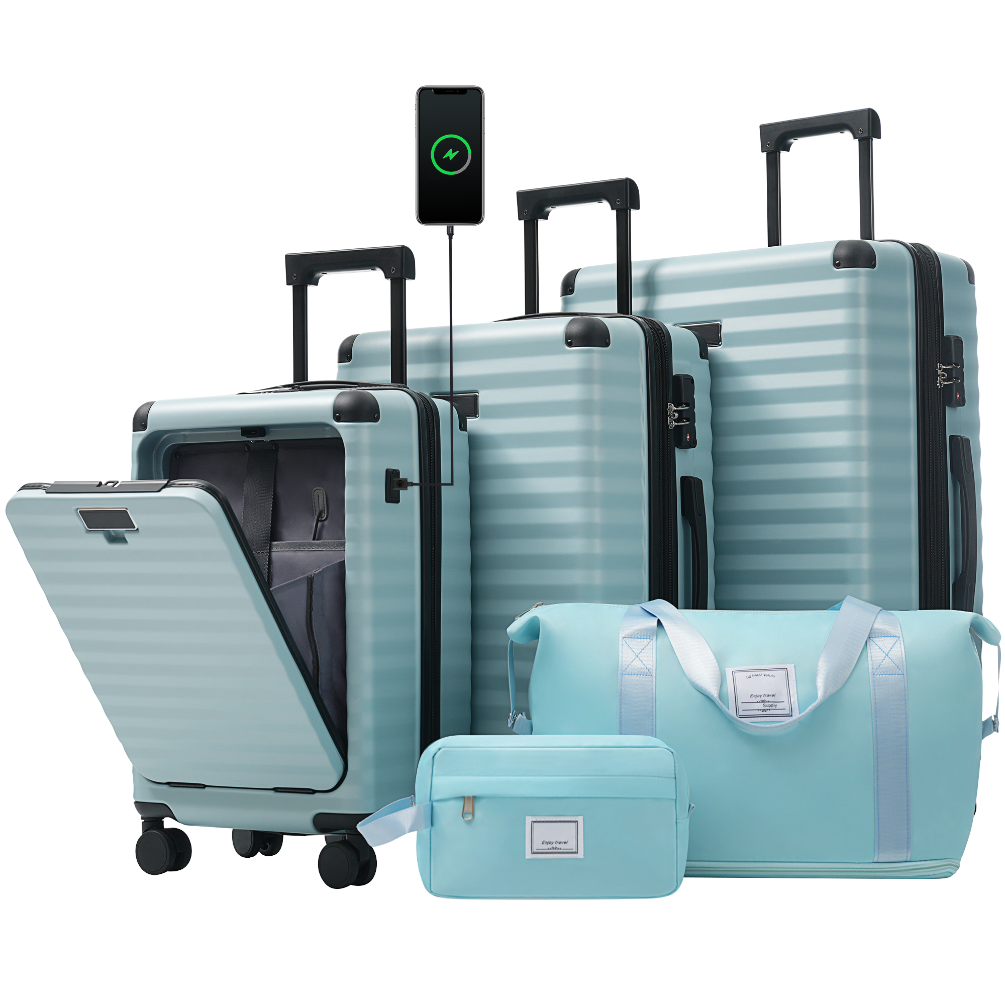 Luggage Sets 5 Piece With Front Opening , Hardside Expandable Carry On Suitcase With Spinner Wheels TSA Lock USB Port Cup Holder Duffel Bag And Toiletry Bag