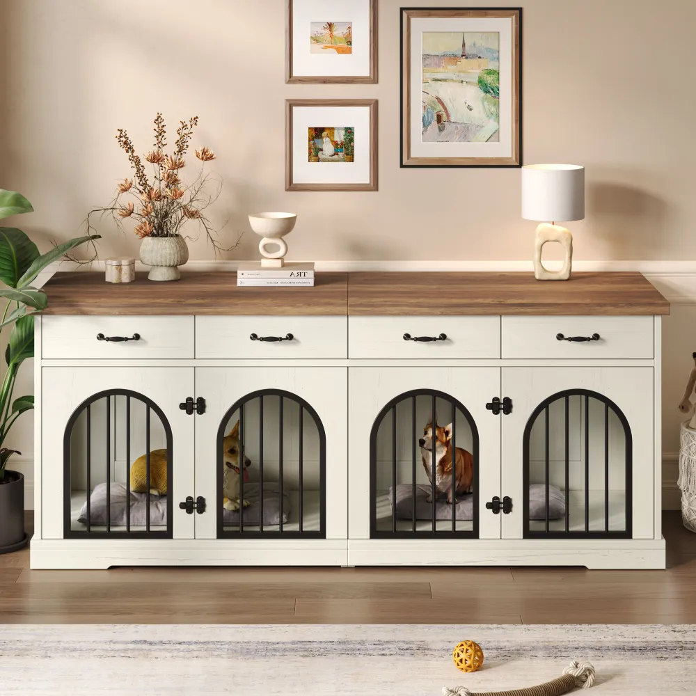 70.8 Large Dog Crate Furniture For 2 Dogs, Dog Kennel Indoor With Removable Divider Door And 4 Storage Drawers, End Table, Dog Crate TV Stand With 4 Doors For Medium Small Dogs, White And  Brown