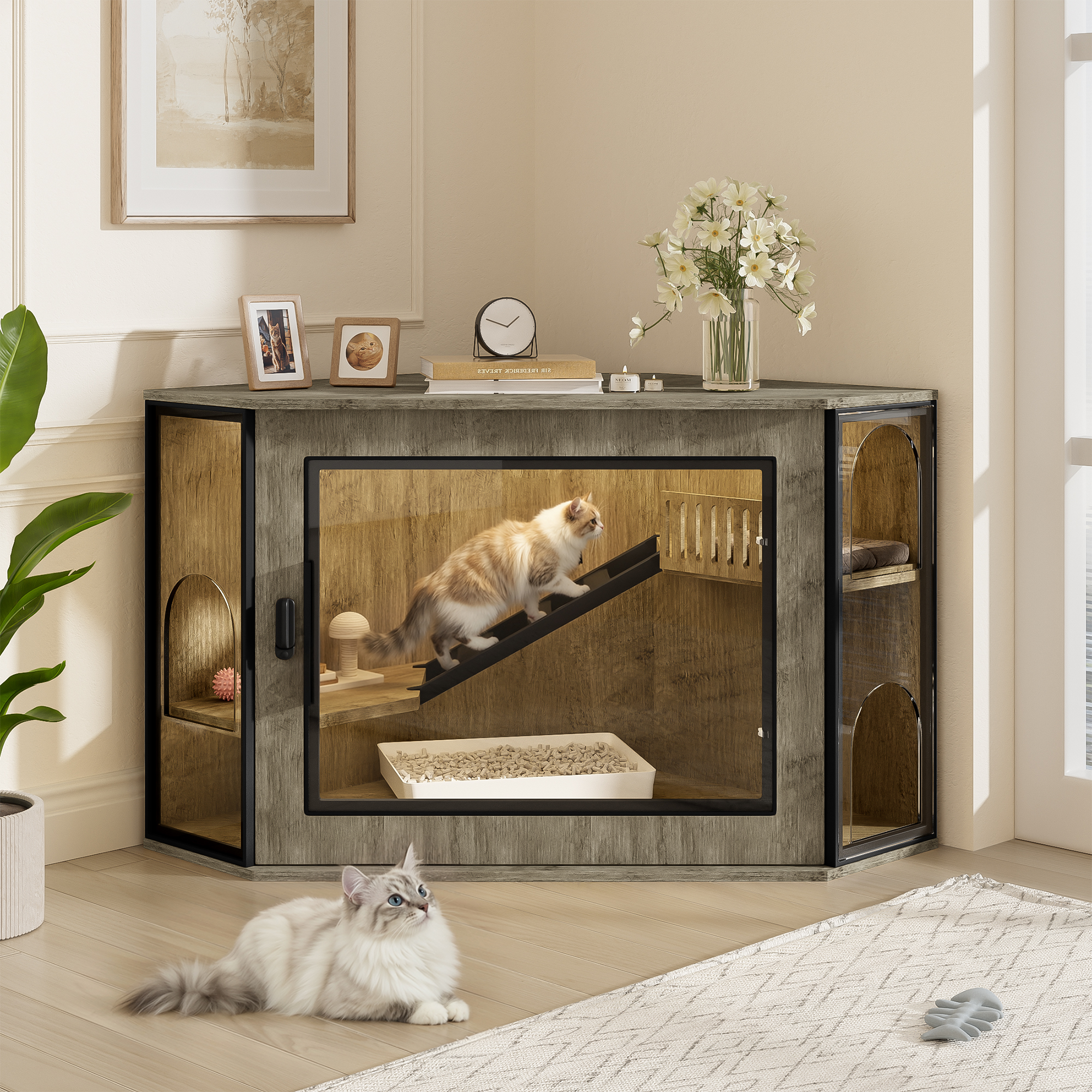 48 Corner Cat Litter Box Enclosure, Modern Hidden Litter Box Corner Cabinet With Acrylic Door And LED Light, Cat House With Playground And Stairs, Grey