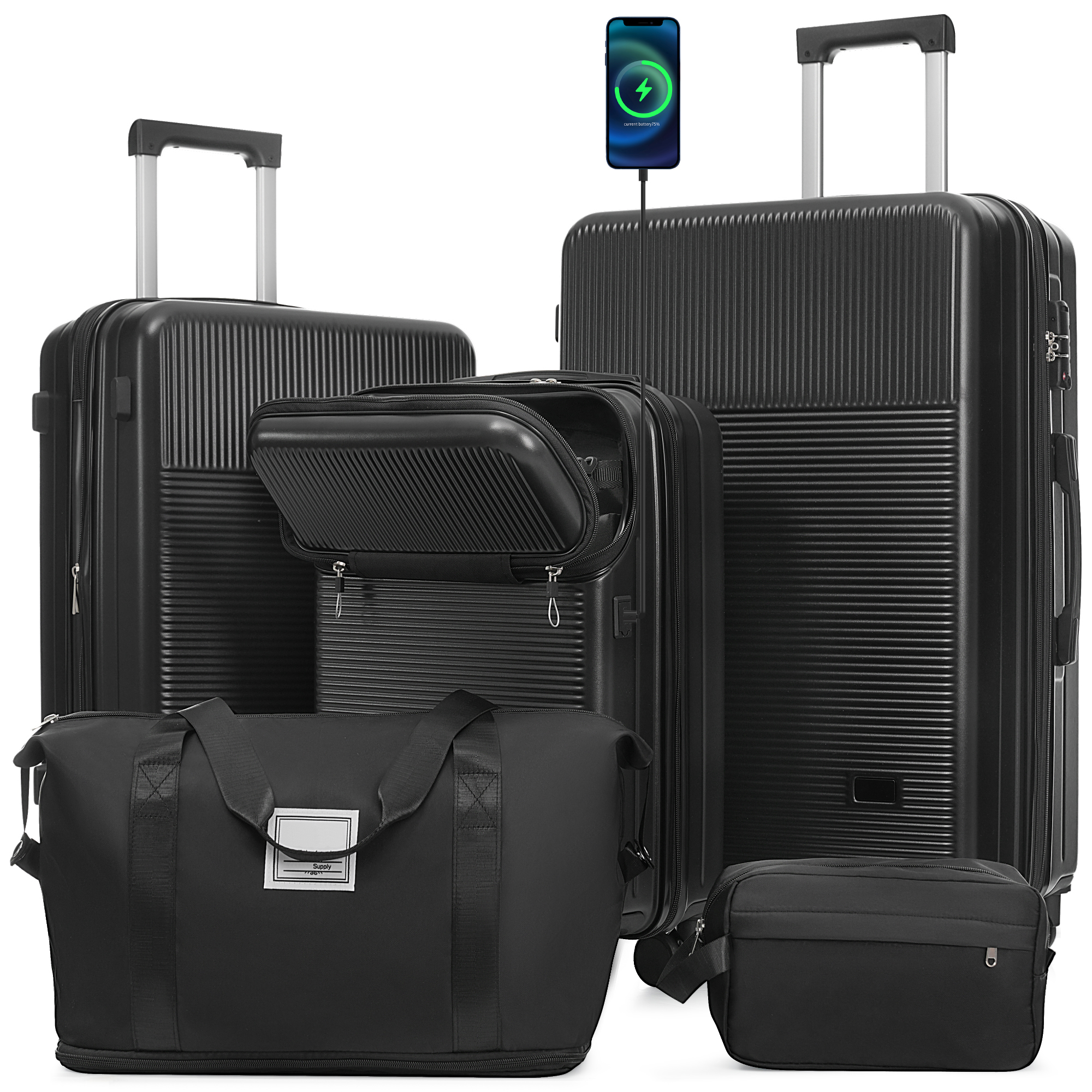 Luggage Sets 5 Piece With Half-opening, Hardside Carry On Suitcase Set With Double Spinner Wheel, Lightweight Travel Luggage With USB Port,TSA Locks