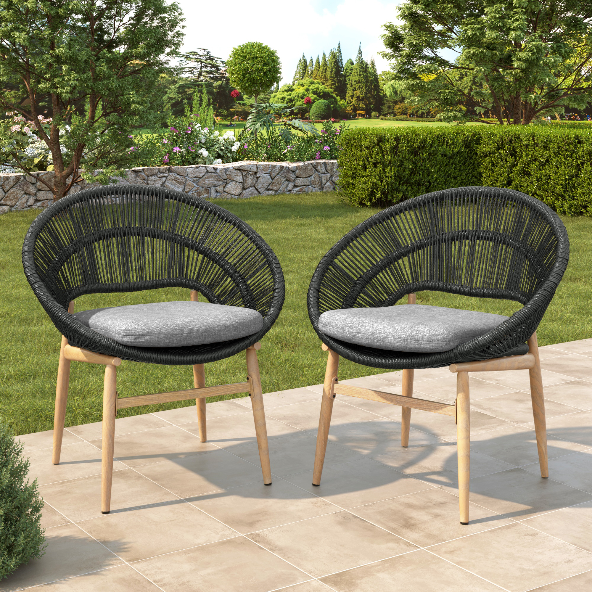 Cyril Outdoor Wicker Papasan Style Dining Chair, Teak Finished Leg And Dark Gray Faux Rattan, Gray Cushion, Set Of 2