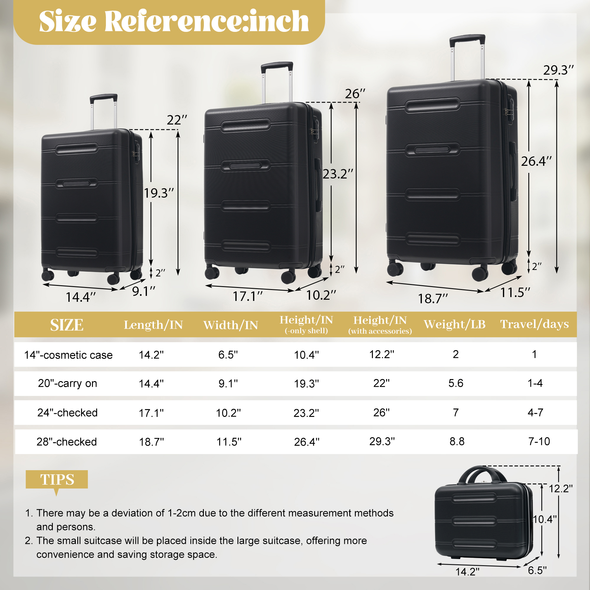 6 Piece Luggage Set,Lightweight Hardshell Suitcase With Double Spinner Wheels Handle Password Lock,14 IN Cosmetic Case 20-24-28 IN Luggages With Duffel Bag And Toiletry Bag_voghion.com