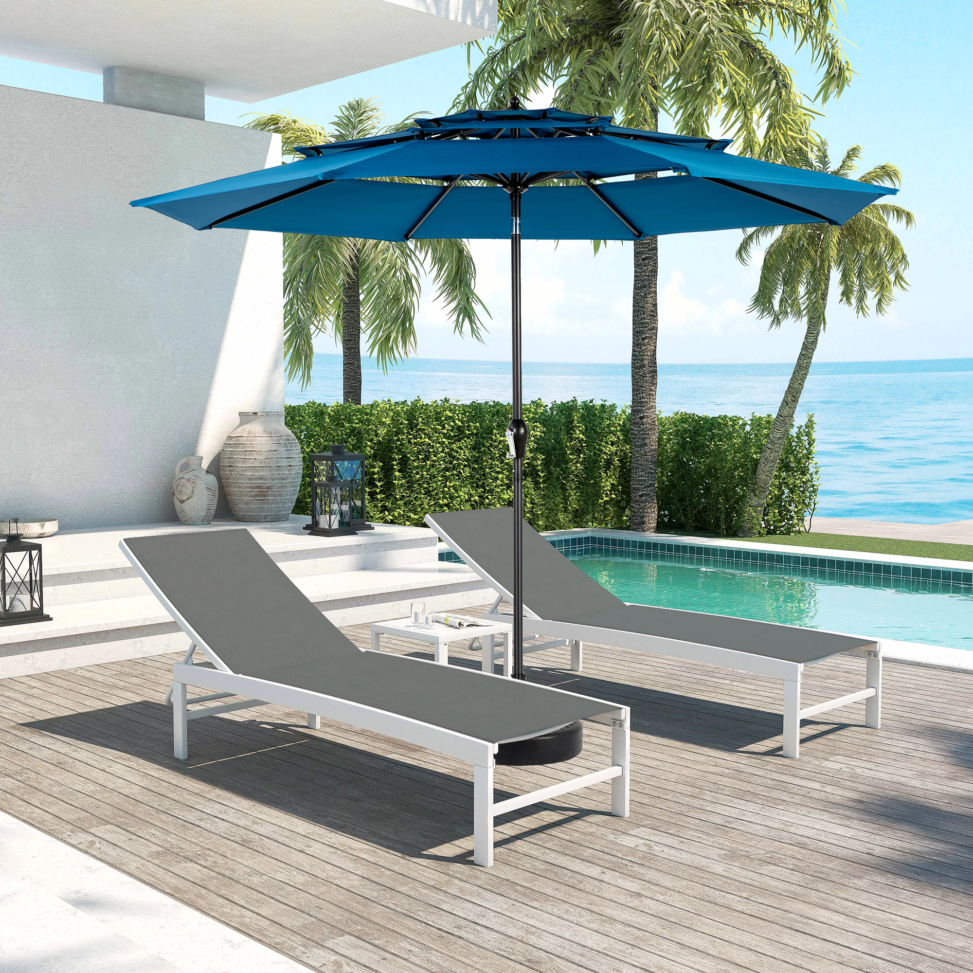 Aluminium 10ft 3 Tier Auto-tilt Umbrella ,Outdoor Patio Umbrella - Market Table Pool Deck Umbrella Base Not Included Dark Blue