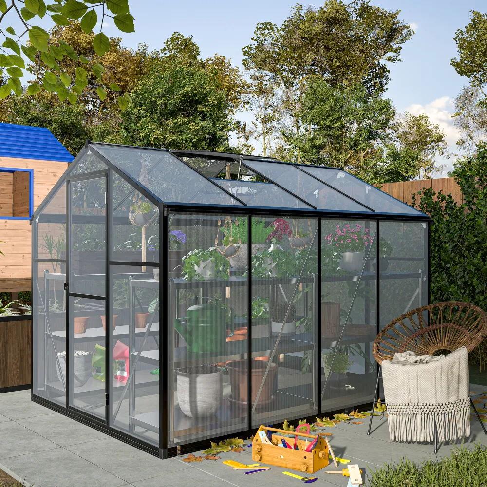 6x8 FT Greenhouse For Outdoors, Polycarbonate Greenhouse With Quick Setup Structure And Roof Vent, Aluminum Large Walk-in Greenhouse For Outside Garden Backyard, Black