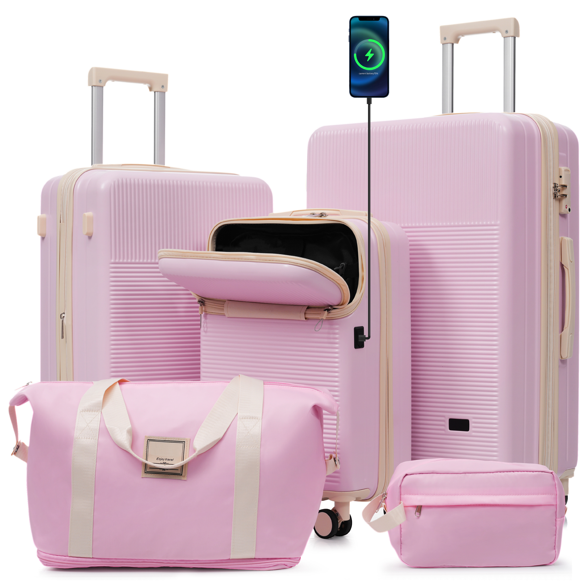 Luggage Sets 5 Piece With Half-opening, Hardside Carry On Suitcase Set With Double Spinner Wheel, Lightweight Travel Luggage With USB Port,TSA Locks