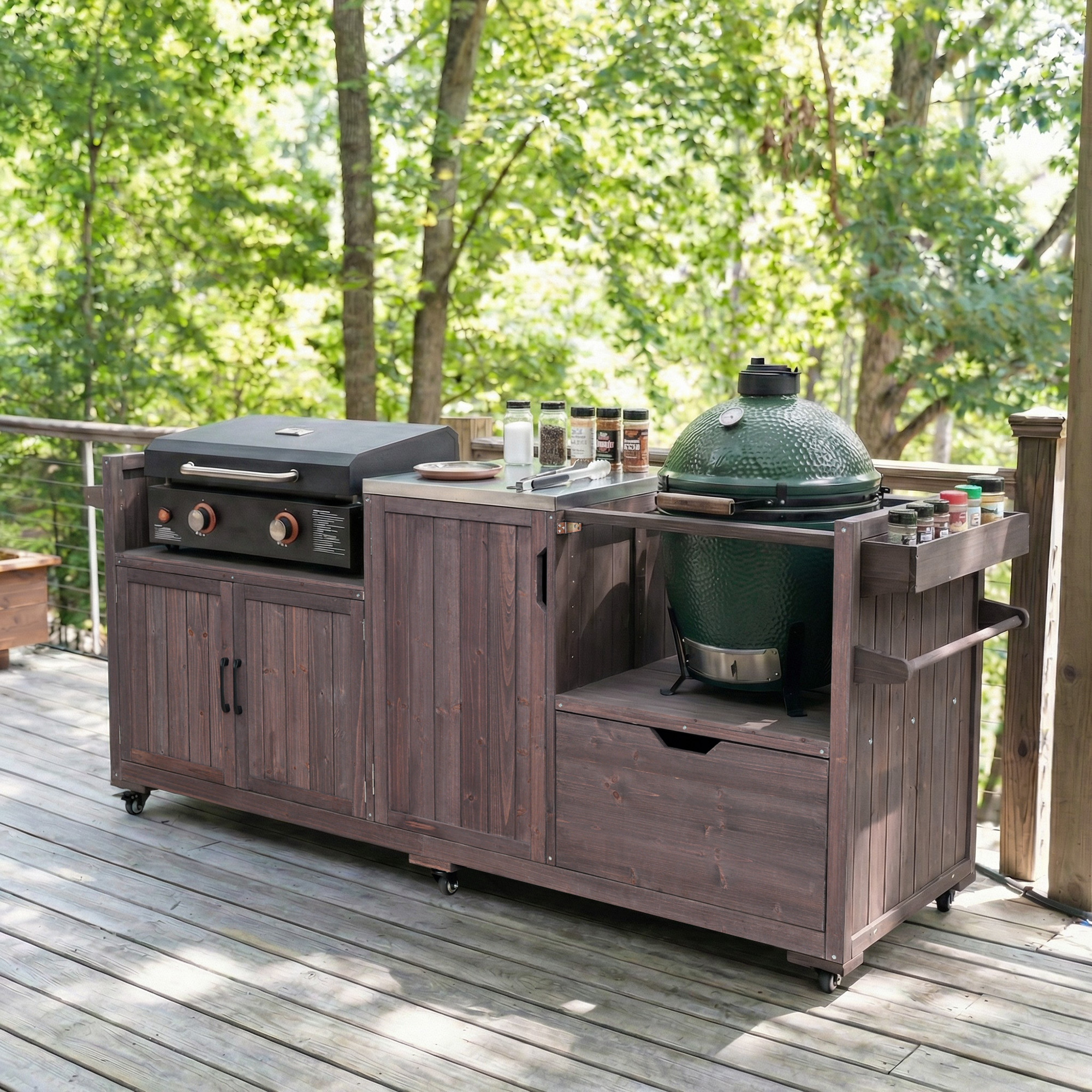 K&K 80.5 Outdoor Kitchen Island For Big Green Egg& Blackstone Griddle, Solid Wood Grill Cart Table With Stainless Steel Top, Drawer For Large Big Green Egg And 21-28 Blackstone Griddle, Dark Brown - Image 1