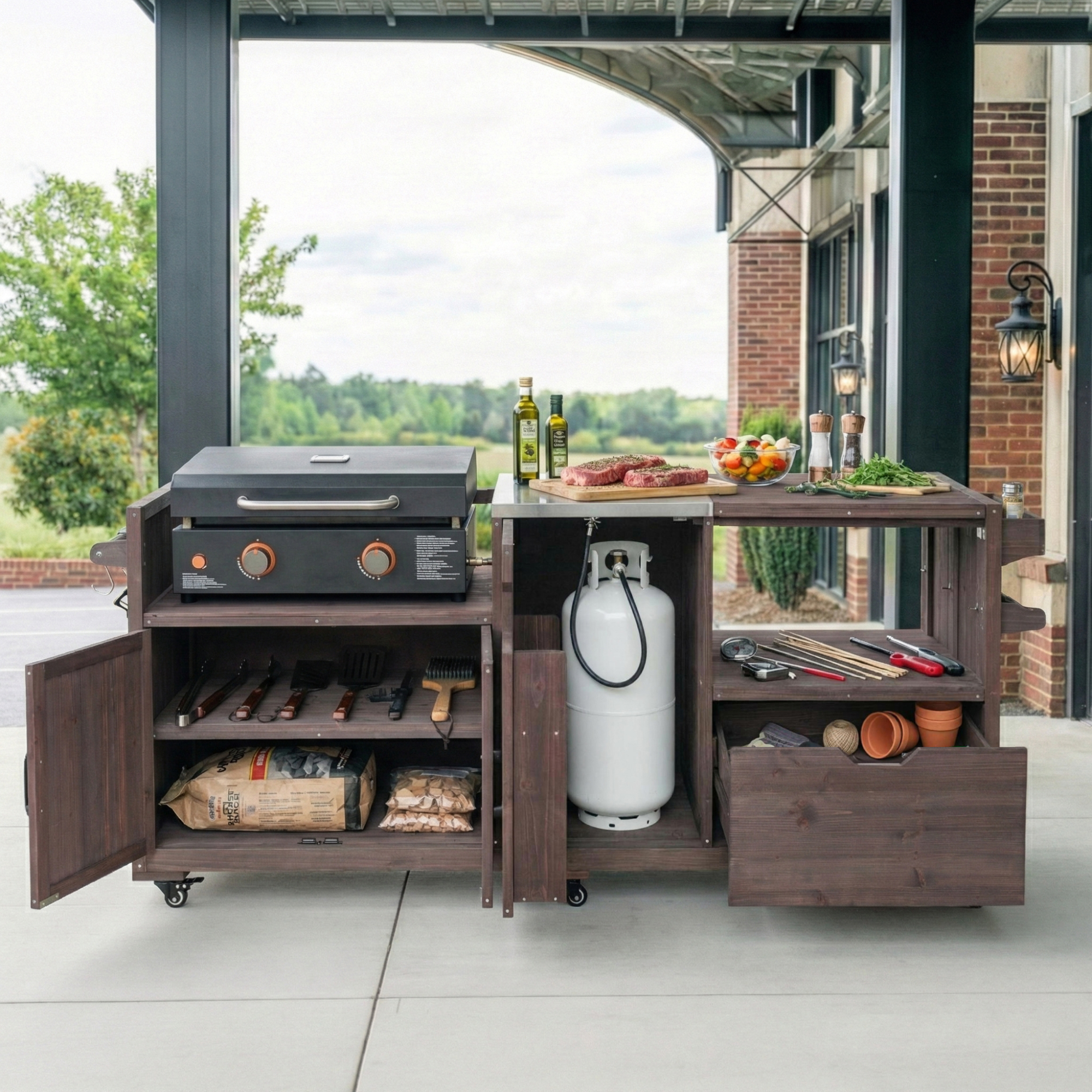 K&K 80.5 Outdoor Kitchen Island For Big Green Egg& Blackstone Griddle, Solid Wood Grill Cart Table With Stainless Steel Top, Drawer For Large Big Green Egg And 21-28 Blackstone Griddle, Dark Brown