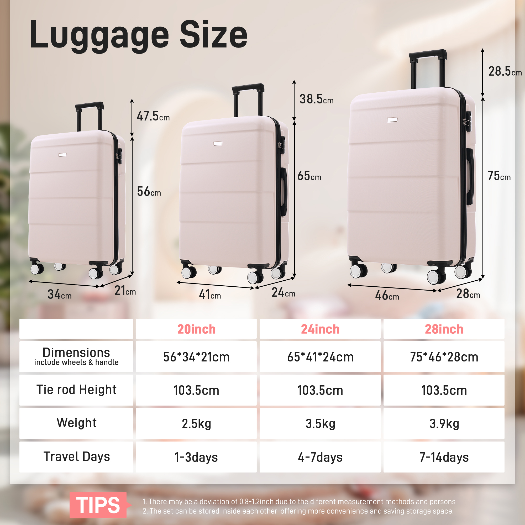 Hardshell Luggage Sets 3 Piece Double Spinner Wheels Suitcase With Handle Password Lock, Lightweight 20-24-28 Luggages — foto 5