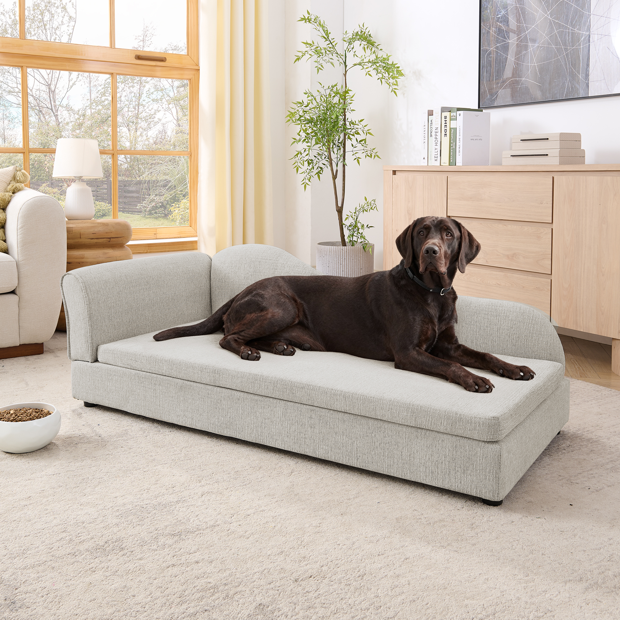 Oversized Pet Sofa For Medium Large Dogs - Modern Irregular Wave Backrest, Single Armrest, Premium Breathable Linen Fabric, Soft Cushion & Low Plastic Feet-Beige