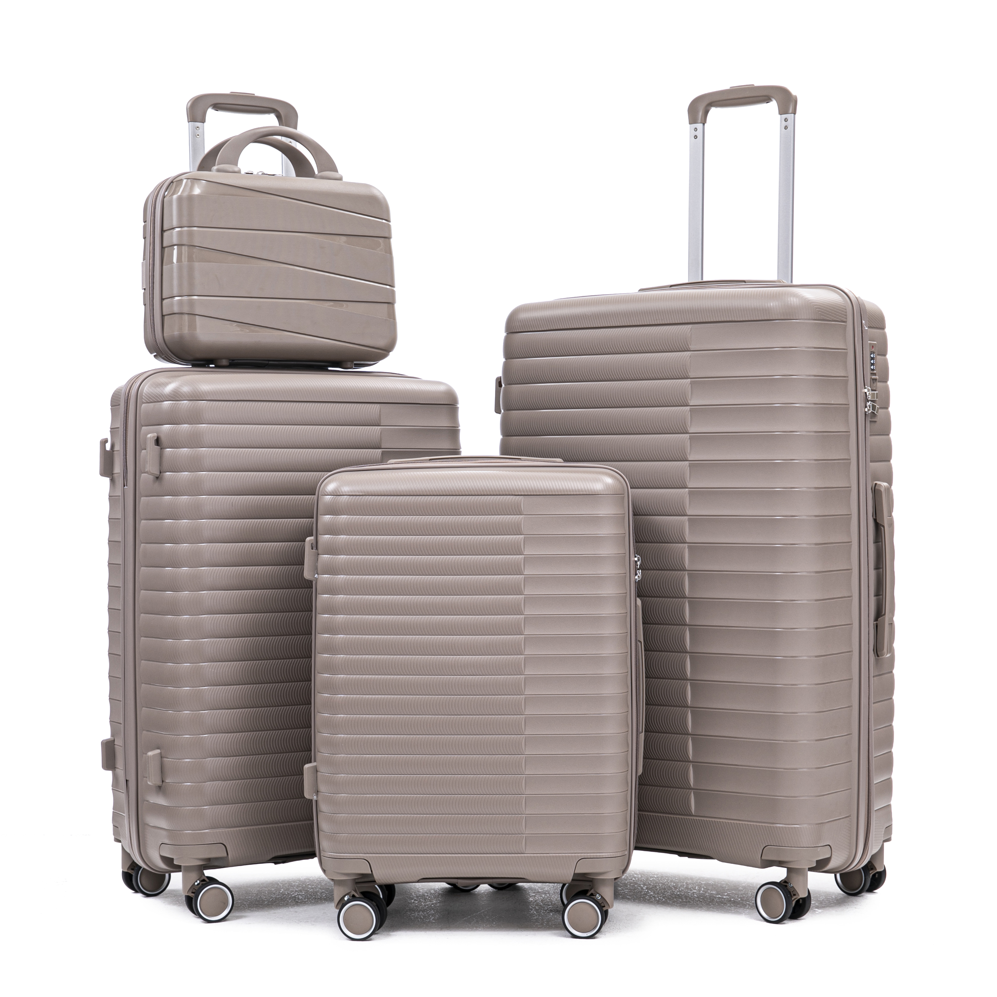 14 20 24 28 4 Pcs Set In PP Spinner Wheel Luggage, Carry On Suitcase, Iron Pull Rod, Combination Password Lock, 14 Cosmetic Case Champagne