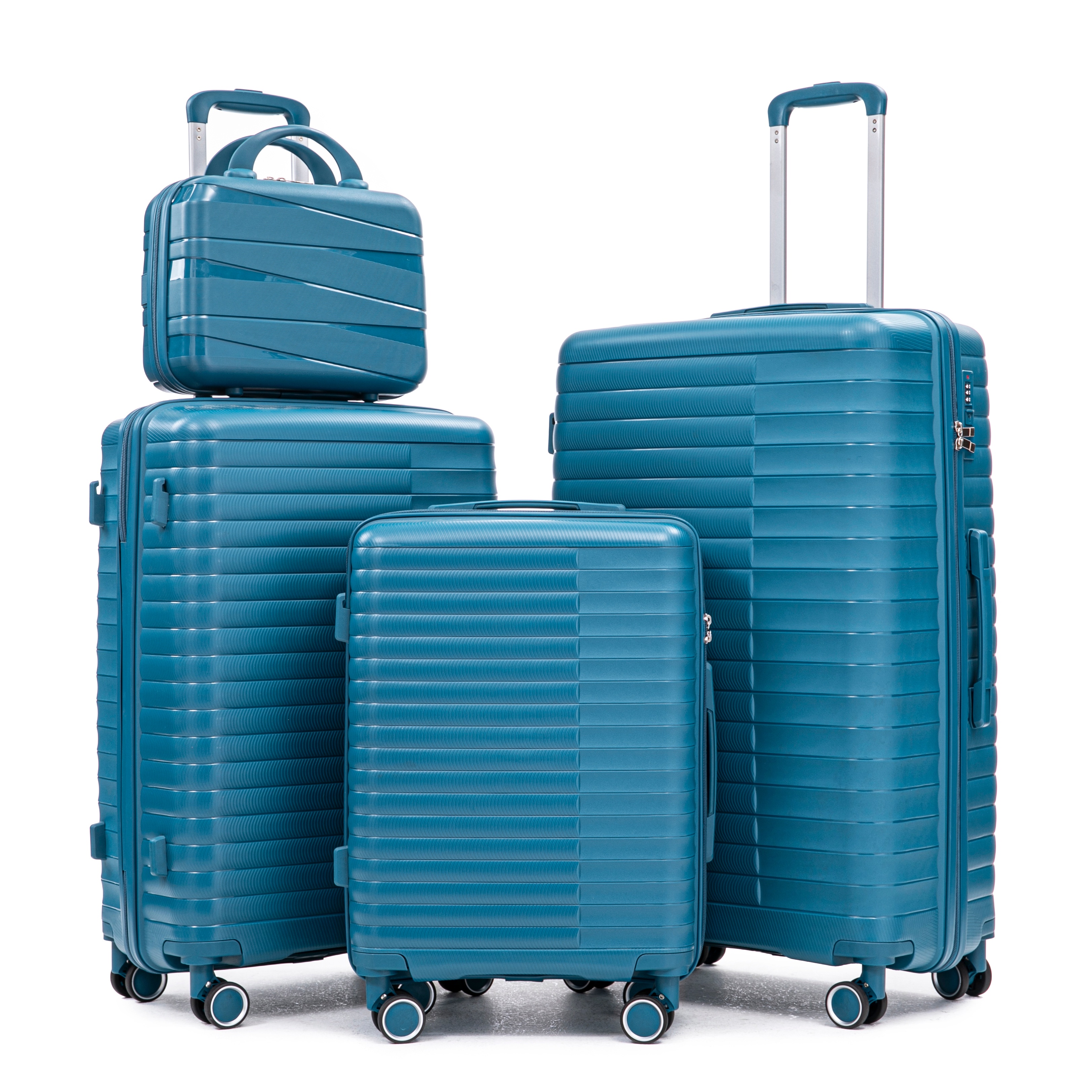 14 20 24 28 4 Pcs Set In PP Spinner Wheel Luggage, Carry On Suitcase, Iron Pull Rod, Combination Password Lock, 14 Cosmetic Case Blue