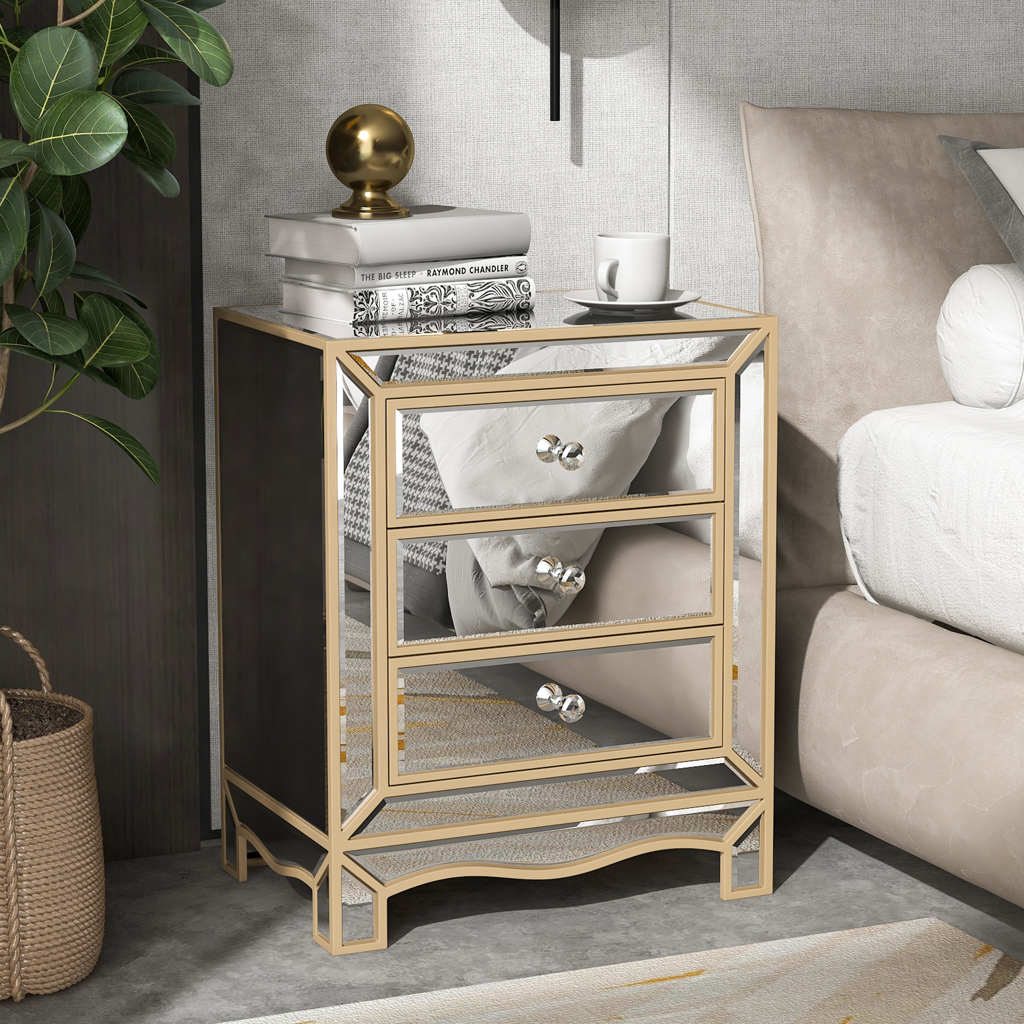 W 19.7 X D 15 X H 26 Champagne Mirror  3 Drawer Cabinet Extraction Cabinet, Multifunctional Suitable For Corridors, Living Rooms, Corners, Bedrooms, Sofas