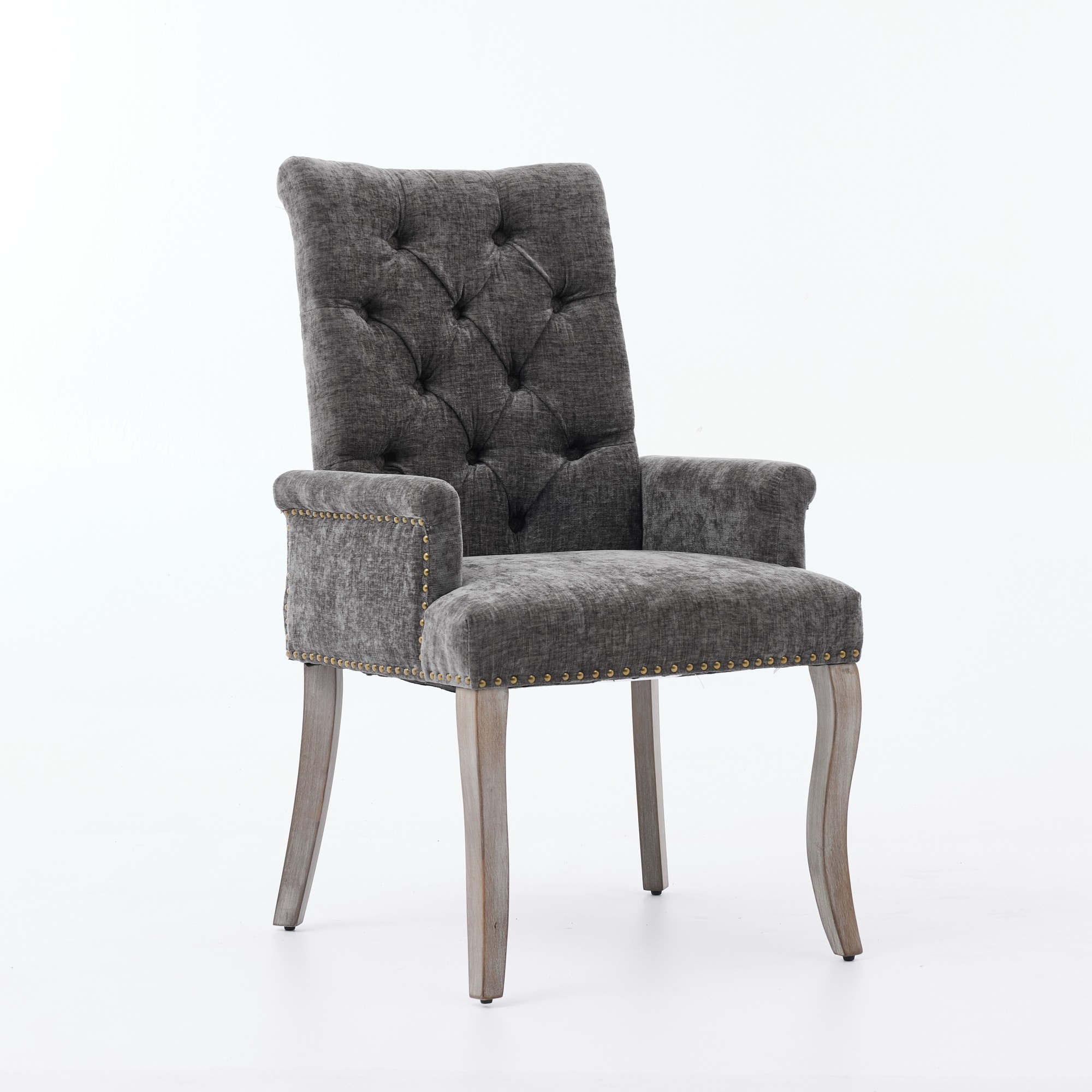 Upholstered Chenille Fabric Accent Dining Chair, Curved Solid Wood Legs, Elegant Tufted Club Dining Room Kitchen Room Arm Dining Chair, Single Pack,Gray,SW1895GY