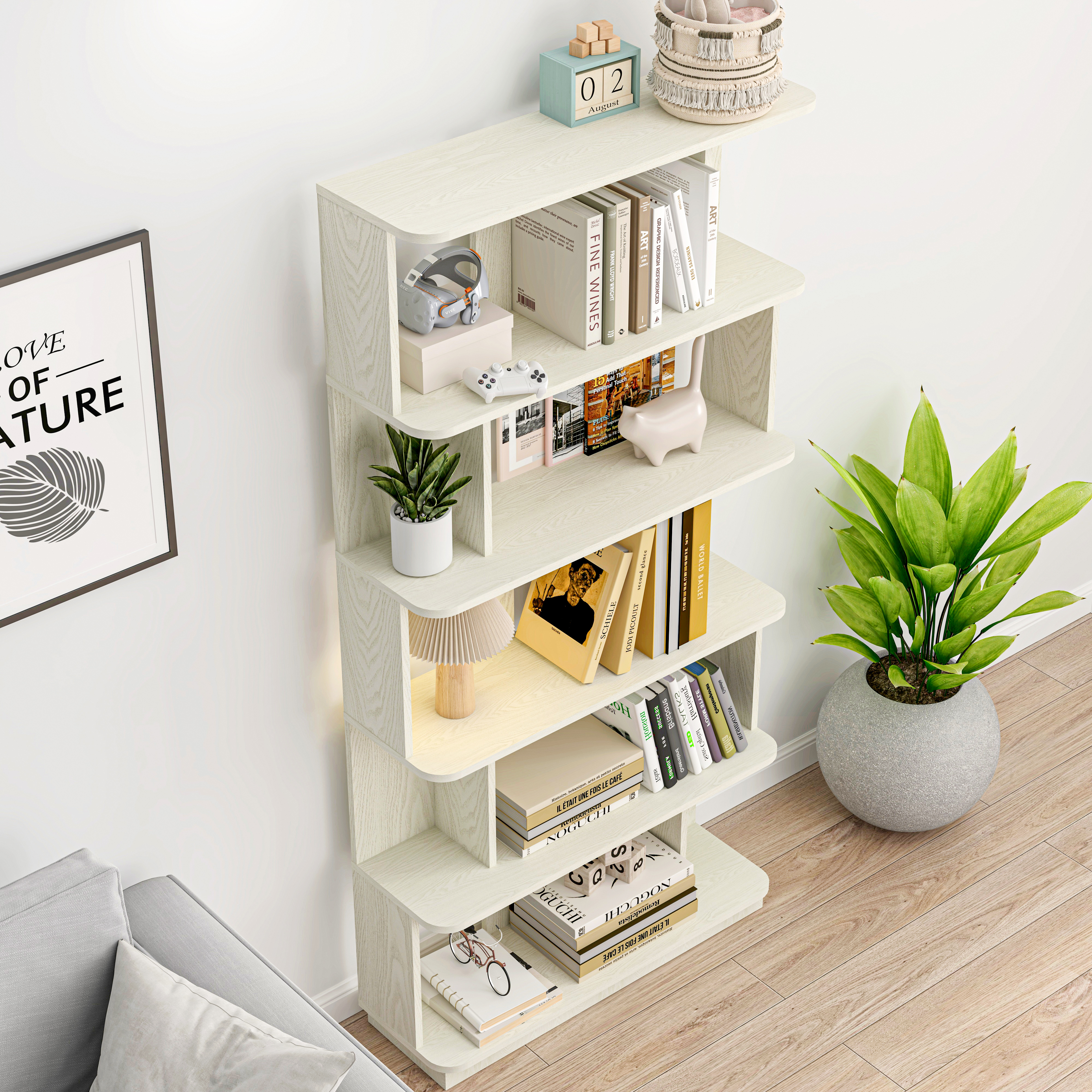 31.5L X 64.56 H Free Combination Bookshelf Modern 5-Tier Open Storage Bookcase MDF Wood Display Shelving For Living Room Home Office Bedroom Decor Organizer, Media Storage Shelves