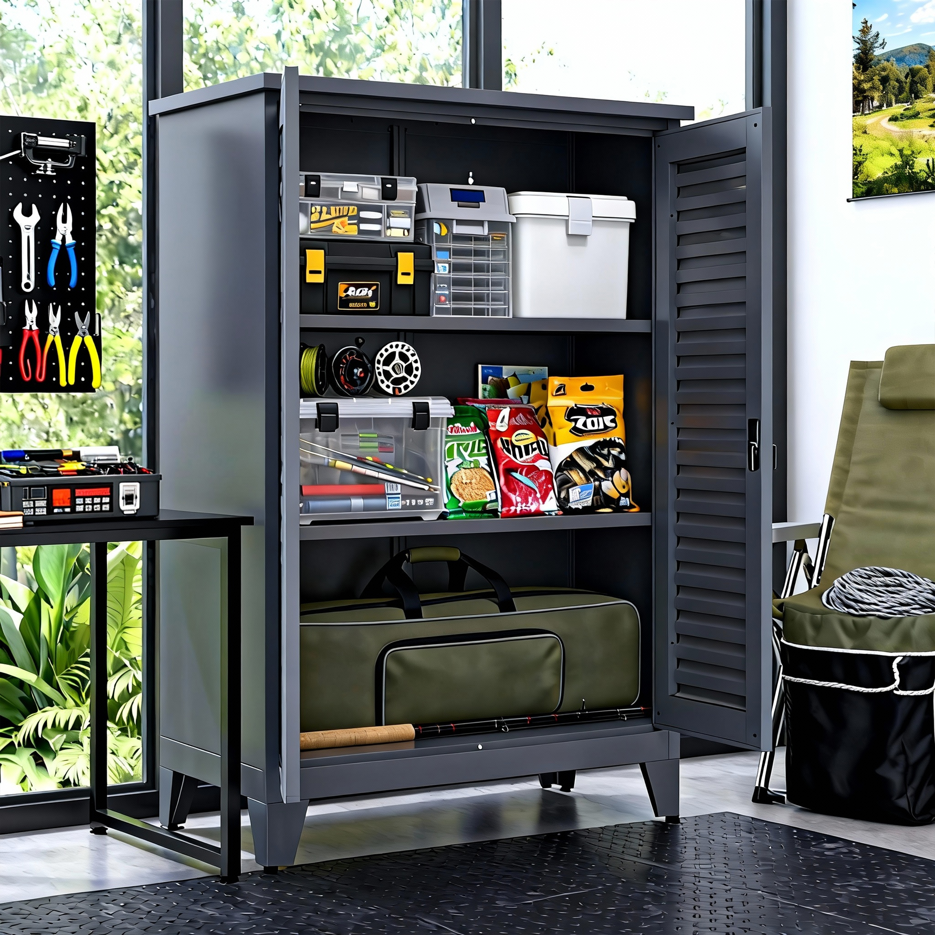 47 Tall Metal Tool Storage Cabinet, With Ample Storage Space For Garage,Warehouse,Garden,Office, Living Room,Bathroom,Utility Room  Slate