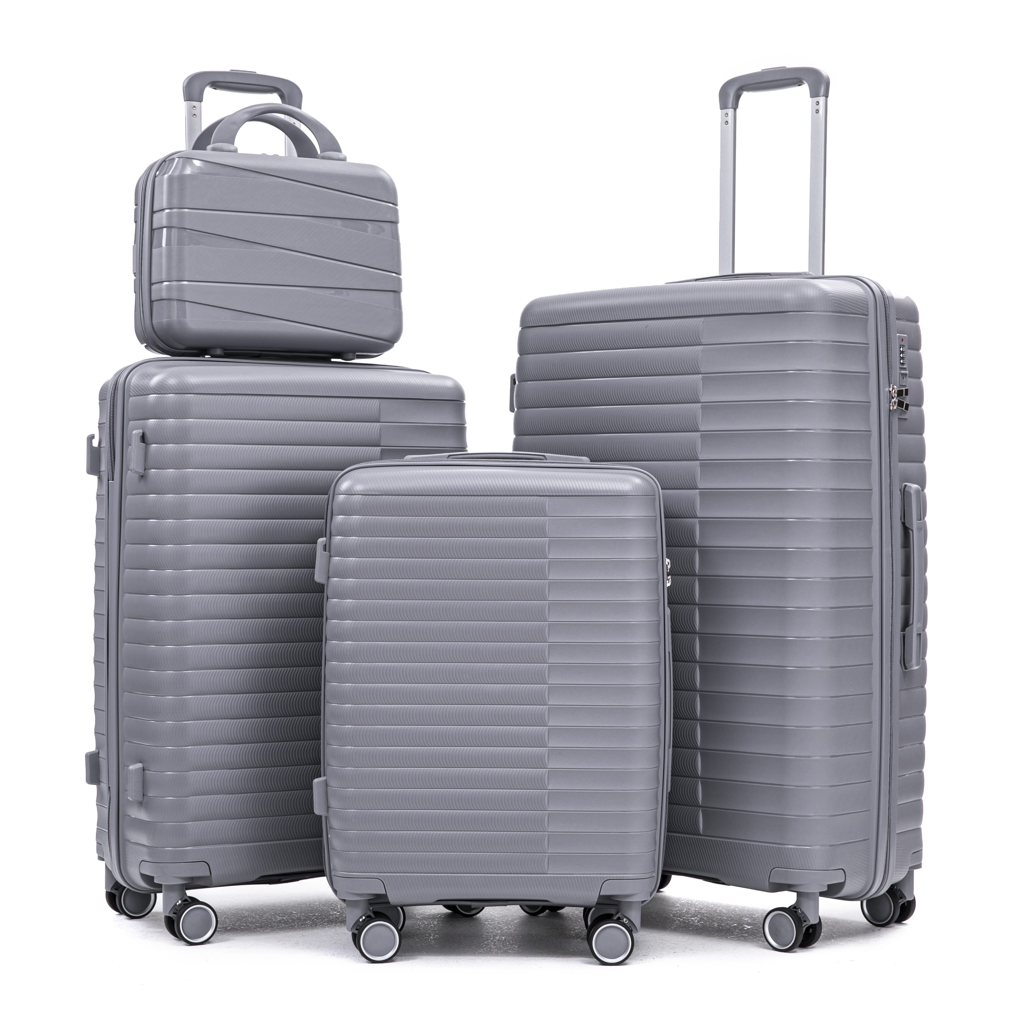 14 20 24 28 4 Pcs Set In PP Spinner Wheel Luggage, Carry On Suitcase, Iron Pull Rod, Combination Password Lock, 14 Cosmetic Case Light Gray