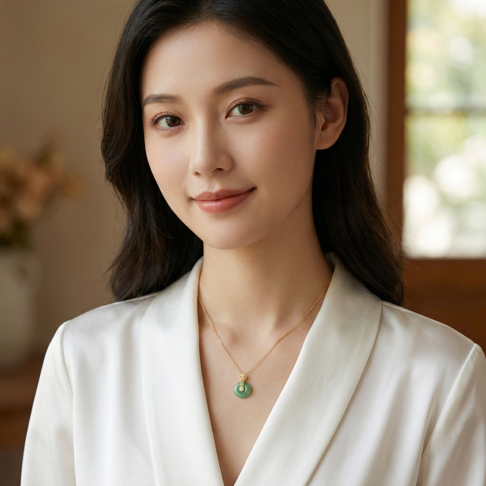 925 Sterling Silver Elegant Green Jadeite Ping An Kou Pendant with Diamond Accents and Ornate Detailing 