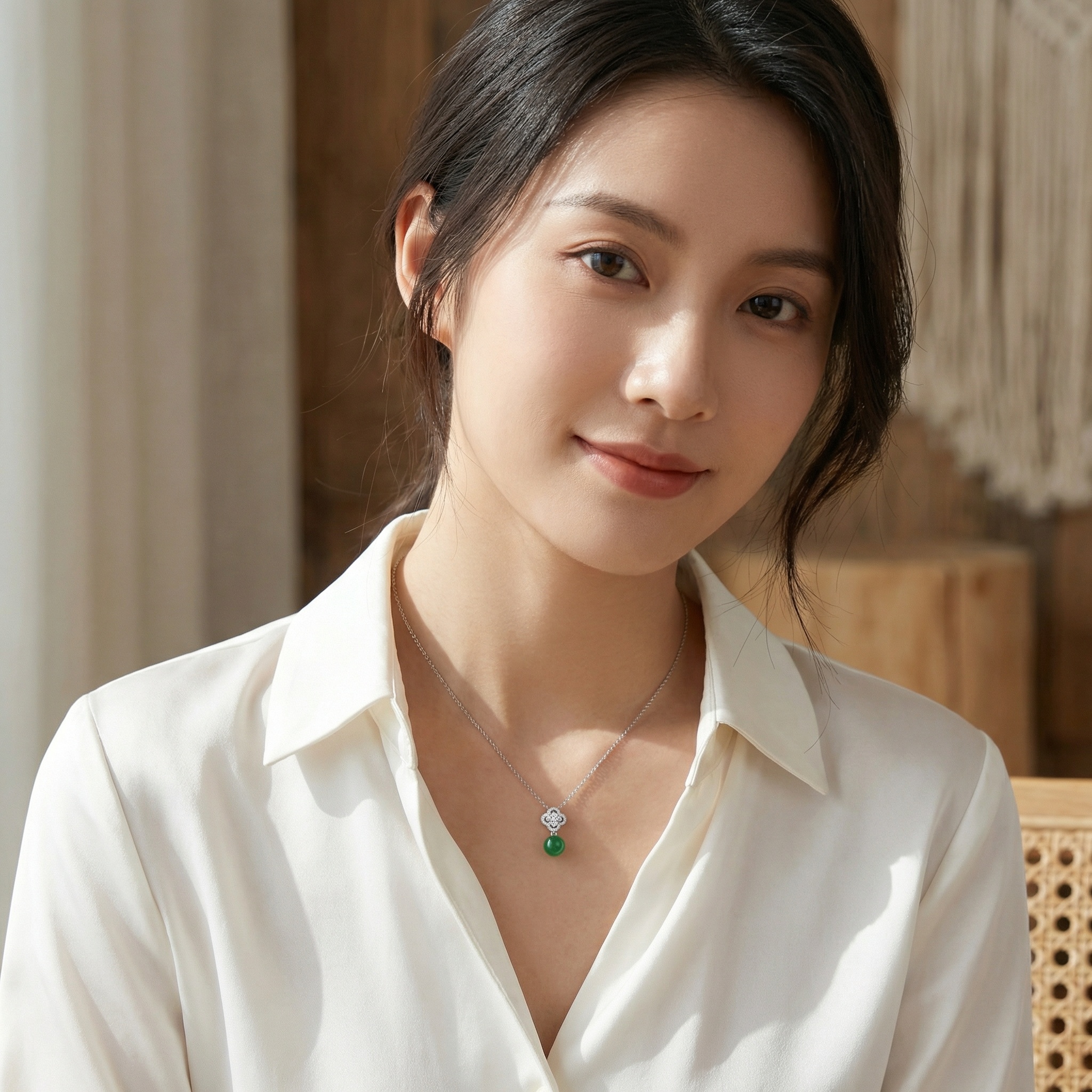 925 Sterling Silver Elegant Green Jade Bead and Diamond-Encrusted Clover Pendant Silver Necklace 