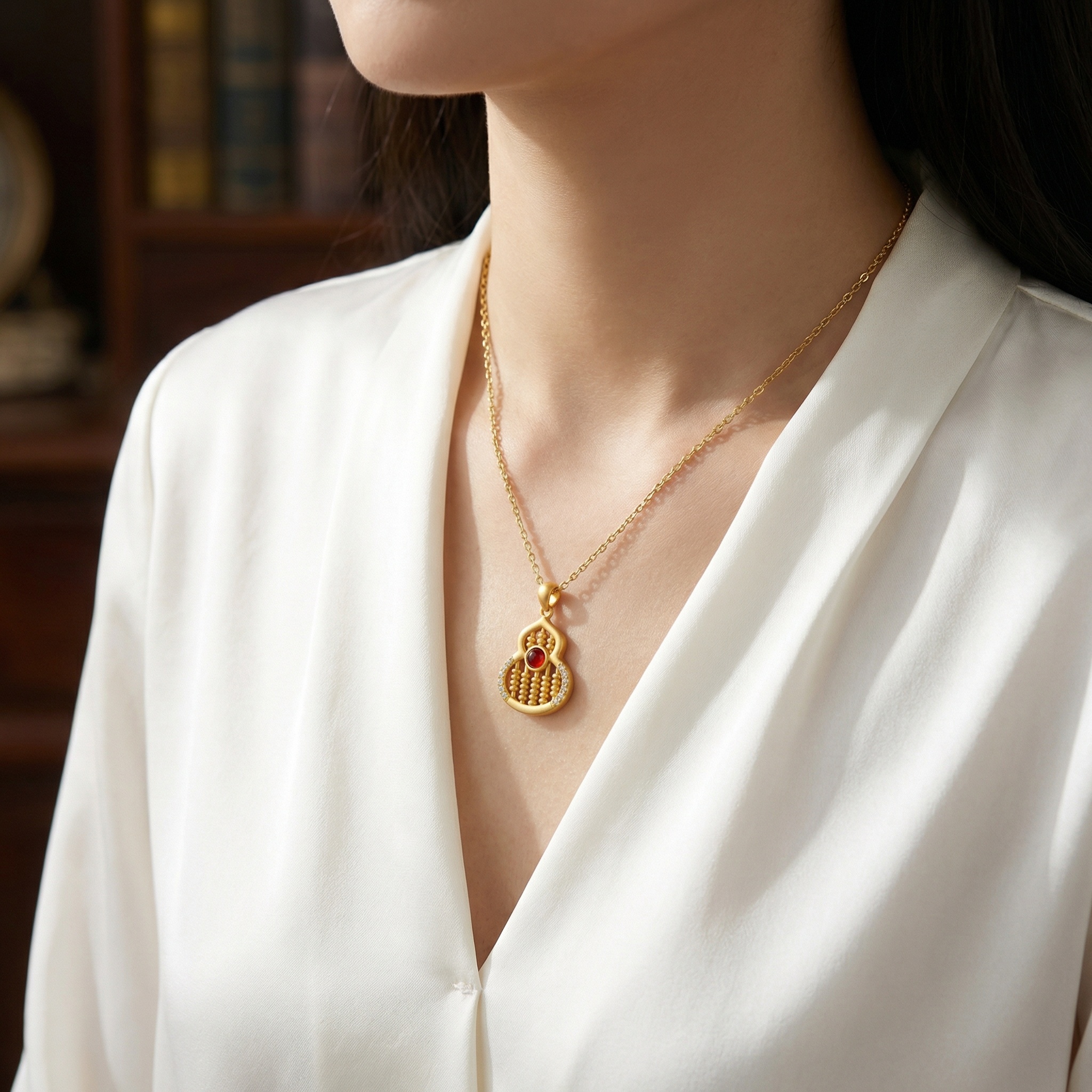 925 Sterling Silver Elegant Gourd-Shaped Abacus Pendant Necklace with Red Centerpiece and Shimmering Accents