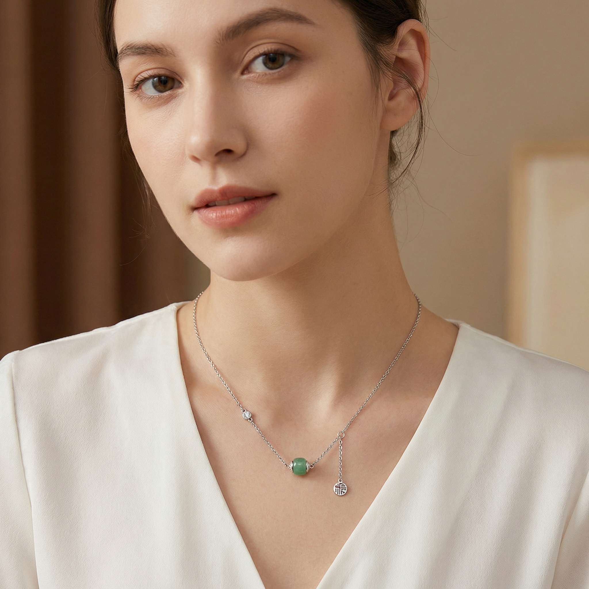 925 Sterling Silver Elegant Sterling Silver Green Jade Barrel Necklace with Diamond Accents and Fortune Pendant