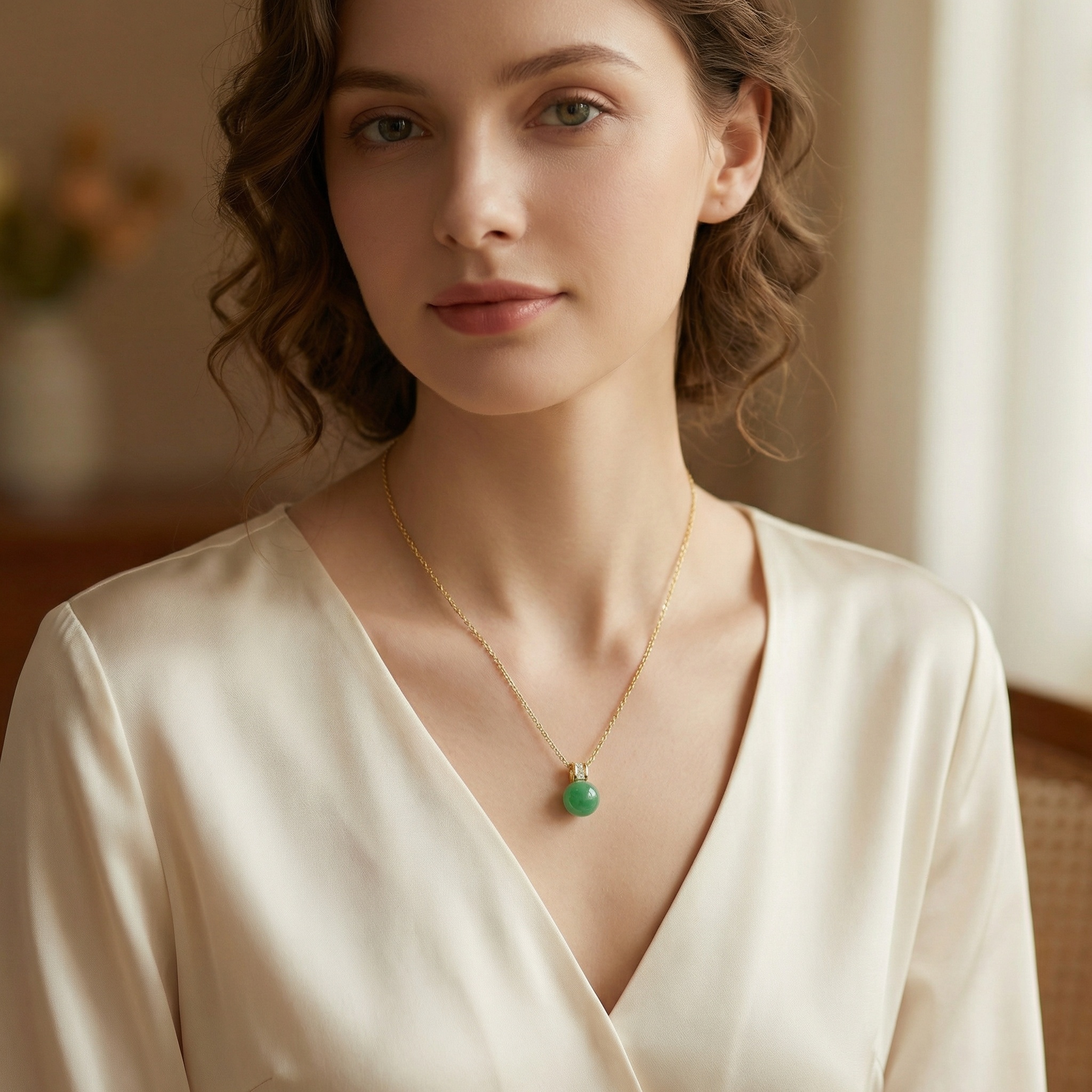 925 Sterling Silver Elegant Green Jadeite Sphere Pendant Featuring Brilliant Square Accents on a Fine Link Chain