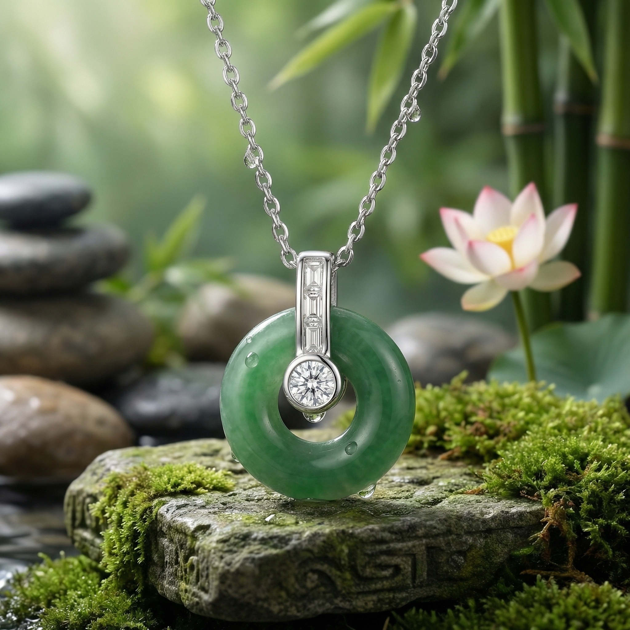 925 Sterling Silver Elegant Green Jadeite Donut Pendant with Baguette and Round Brilliant Cut Diamonds 