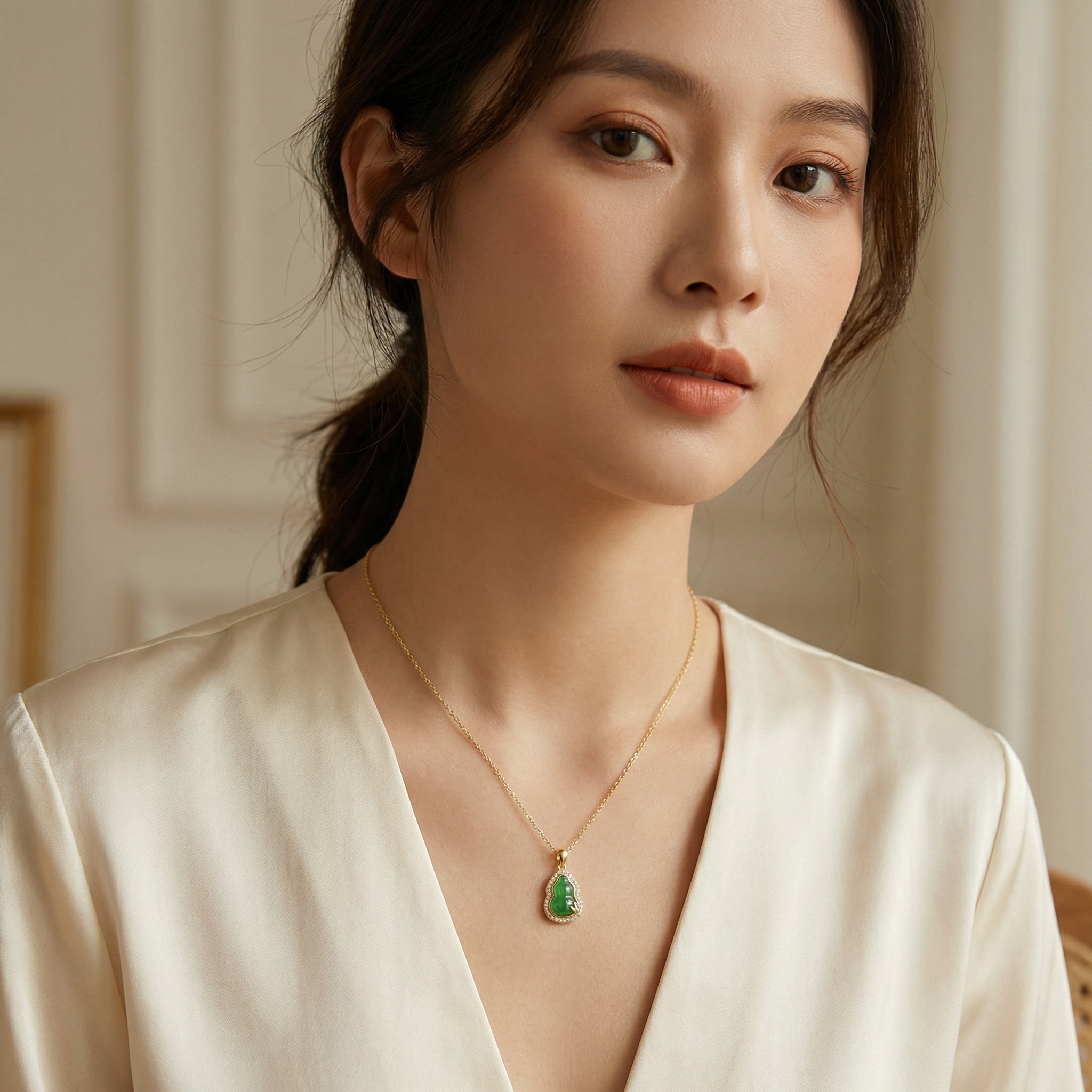 925 Sterling Silver Exquisite Green Jade Gourd Necklace with Radiant Stone Border and Delicate Leaf Motif