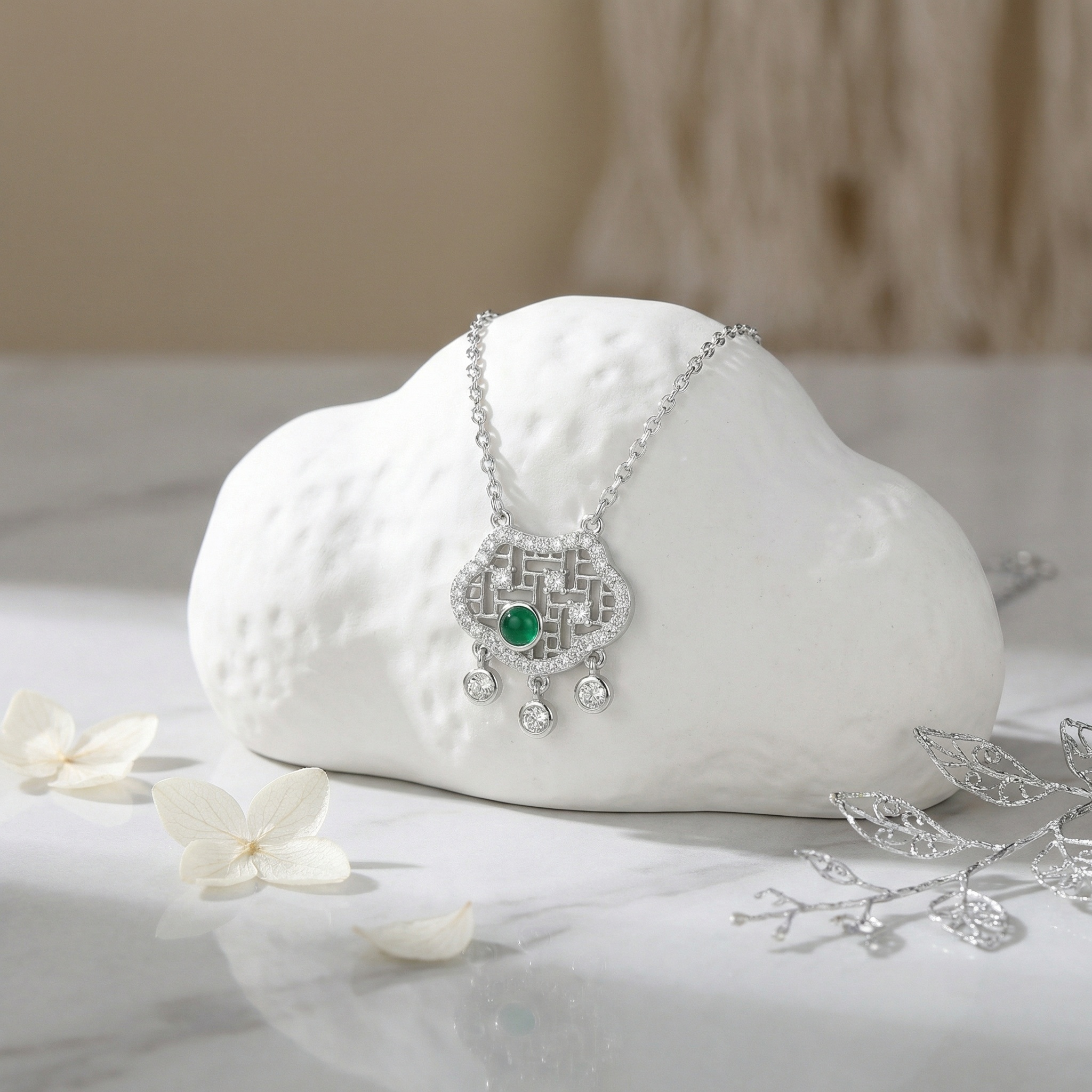 925 Sterling Silver Elegant Longevity Lock Necklace with Vibrant Green Gemstone and Sparkling Brilliant Accents 