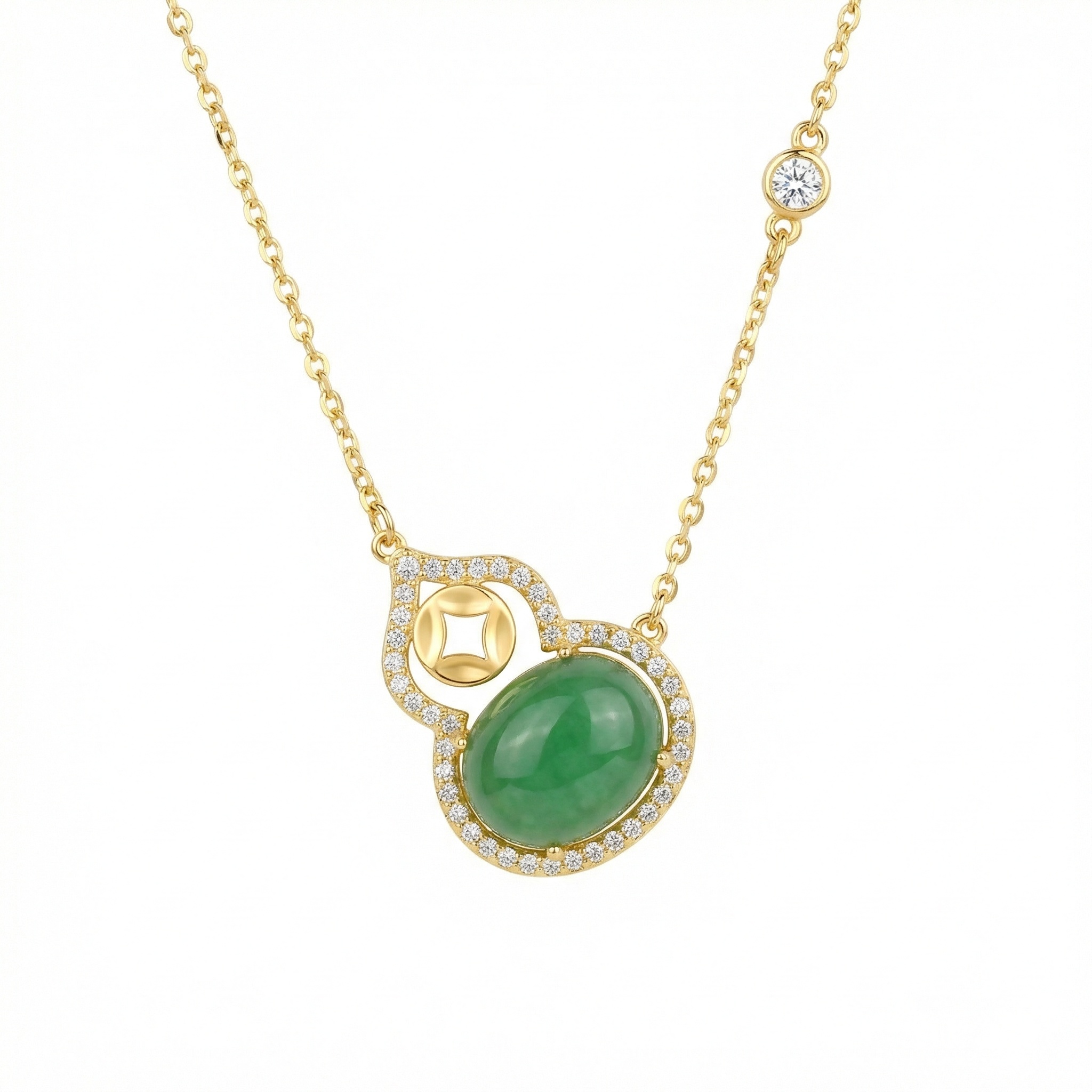 925 Sterling Silver Exquisite Jadeite Wulu Pendant Necklace with Sparkling Diamond Accents and Traditional Symbolism