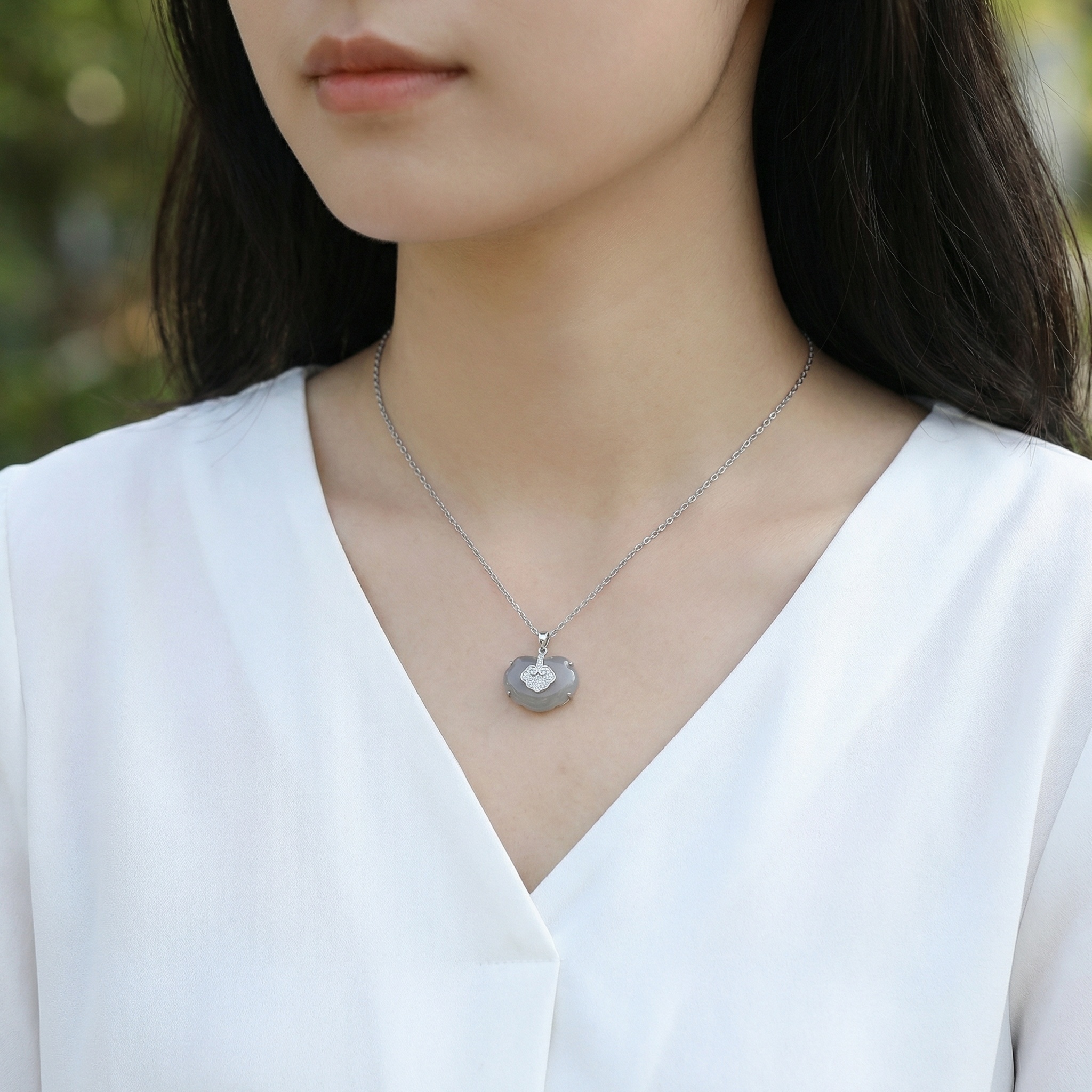 925 Sterling Silver Elegant Silver Ruyi Longevity Lock Pendant Necklace with Gray Chalcedony and Sparkling Pavé Accents 