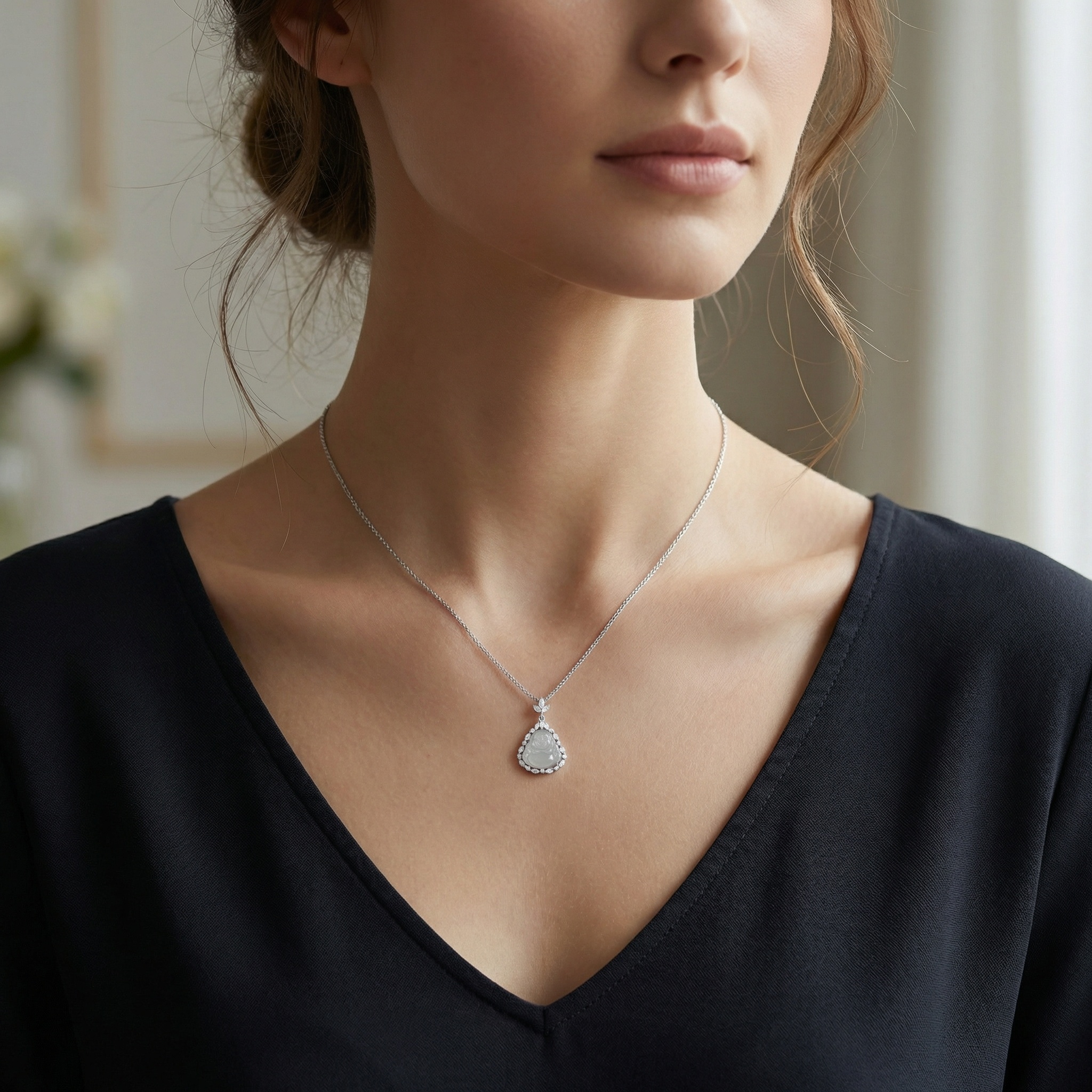 925 Sterling Silver Elegant White Jadeite Laughing Buddha Pendant Necklace with Sparkling Diamond Accents