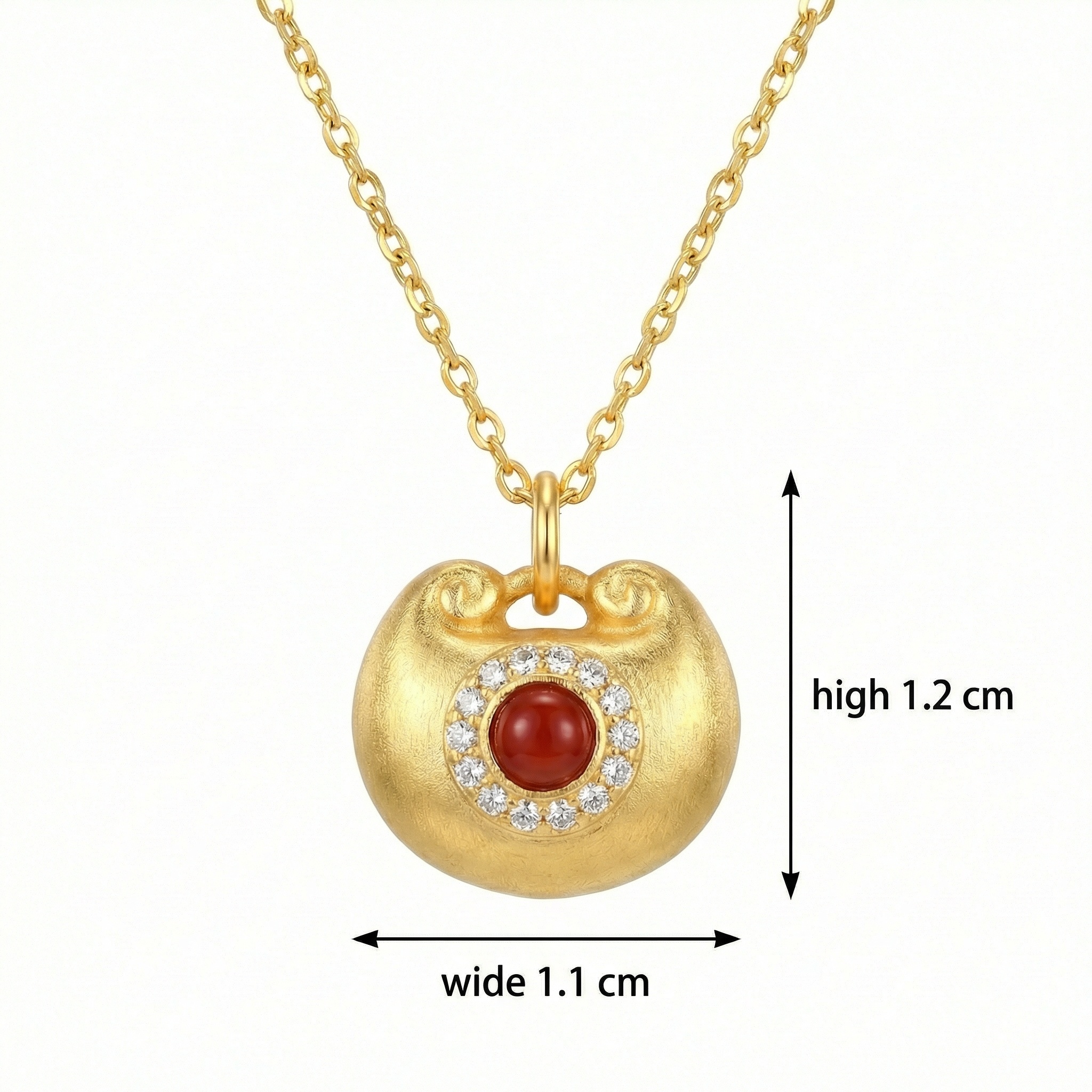 925 Sterling Silver Elegant Red Agate Ruyi Longevity Lock Pendant Necklace with Shimmering Stone Halo 