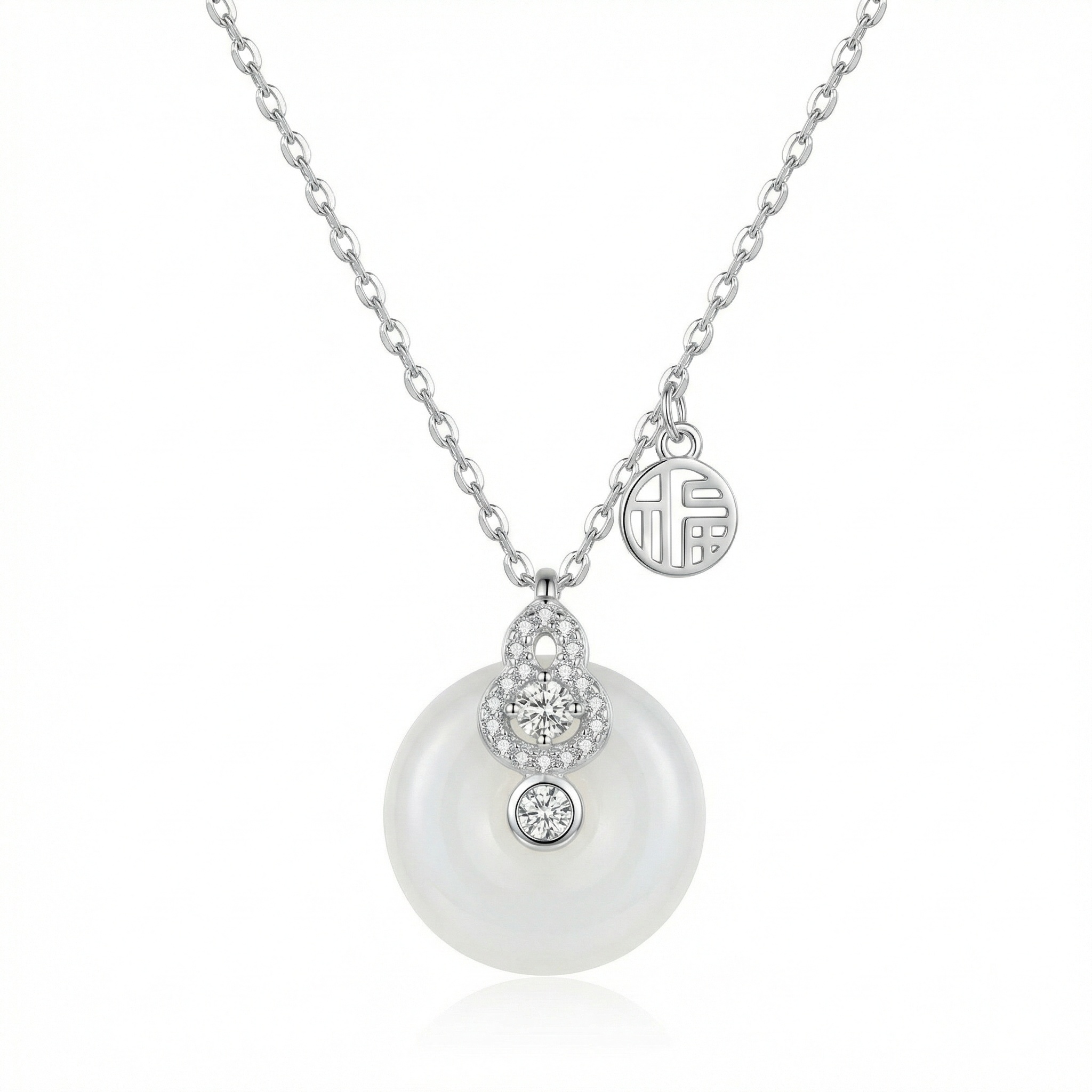 925 Sterling Silver Elegant Silver White Jade Gourd Pendant Necklace with Fortune Charm 