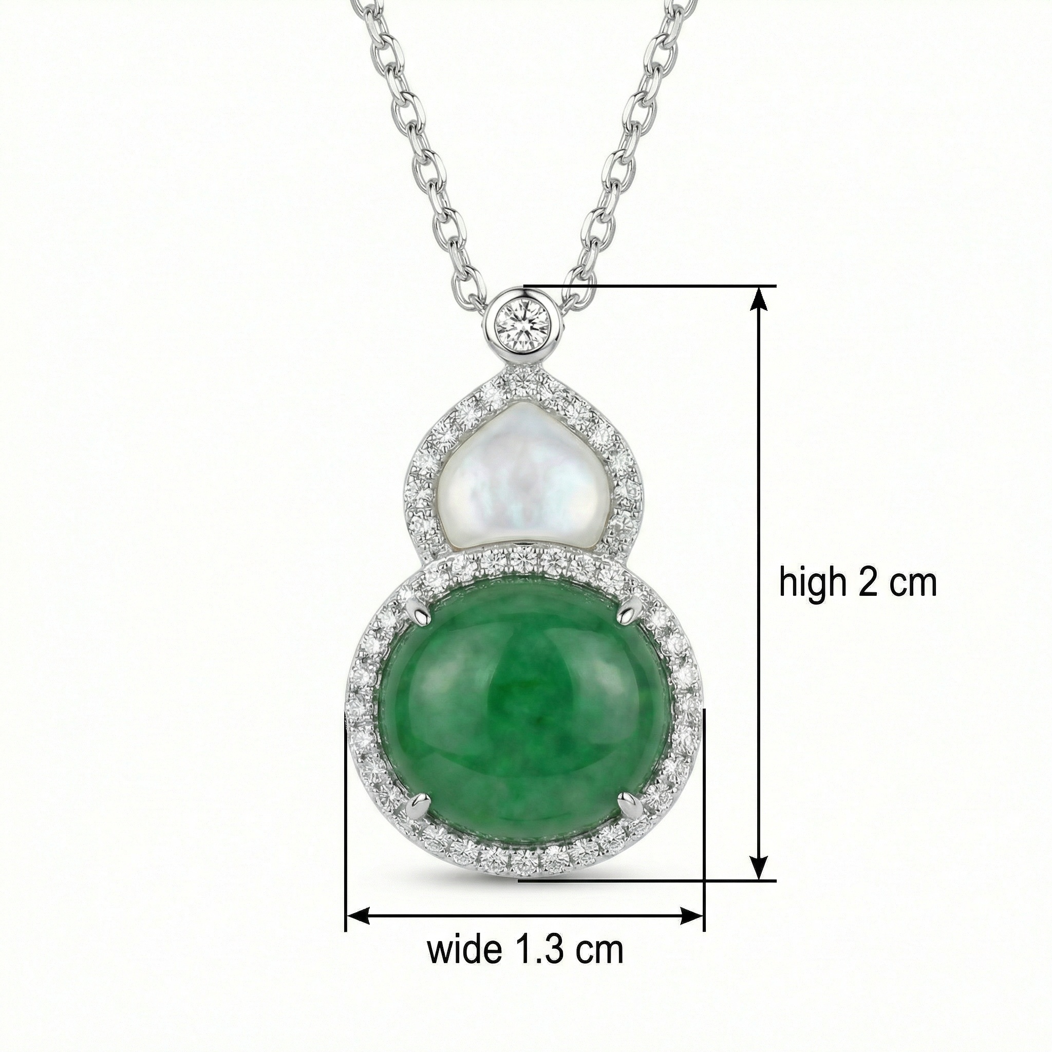925 Sterling Silver Elegant Green Jadeite and Mother of Pearl Gourd Pendant Necklace with Shimmering Accents 