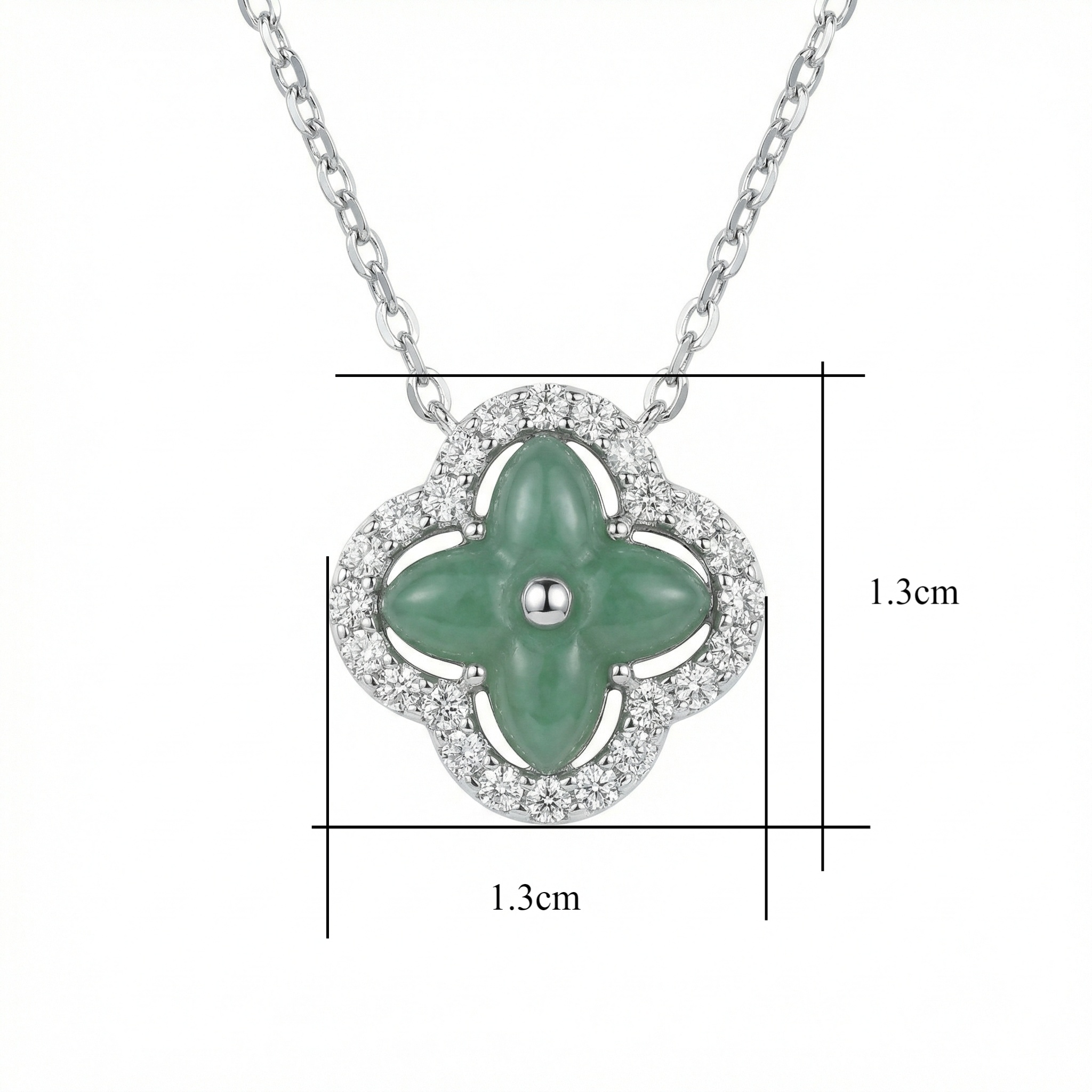 925 Sterling Silver Elegant Green Jade Four-Leaf Clover Pendant Necklace with Sparkling Diamond Halo