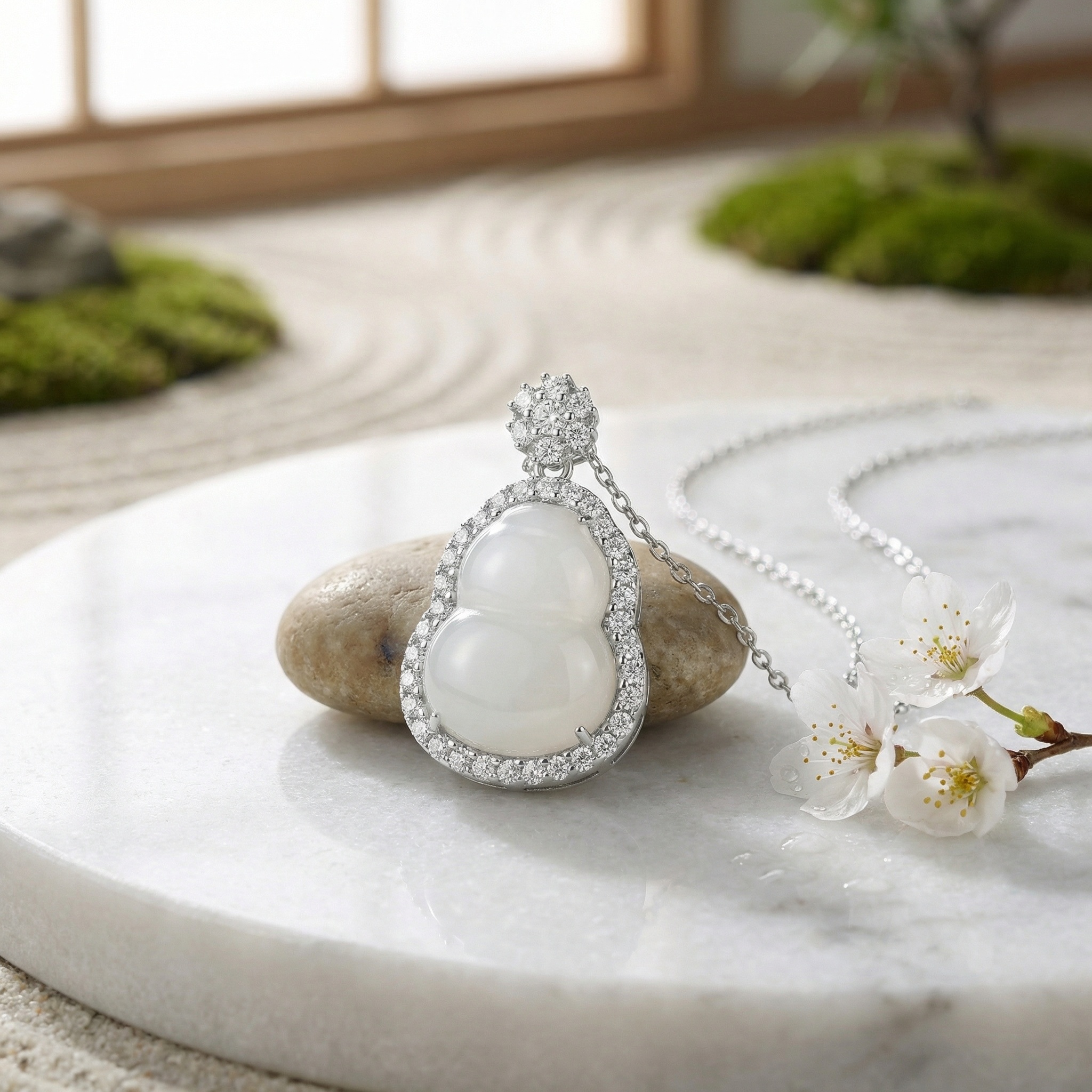 925 Sterling Silver Elegant Icy White Jadeite Gourd Pendant Necklace Surrounded by Shimmering Diamonds
