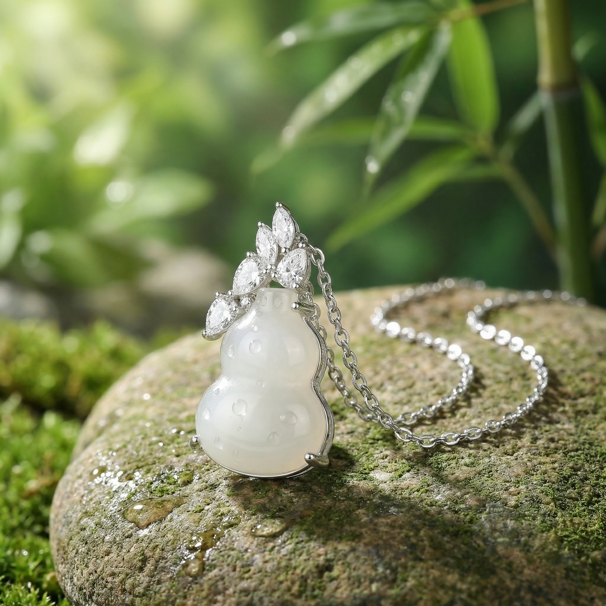 925 Sterling Silver Elegant White Translucent Jade Hulu Pendant Necklace with Marquise Crystal Leaf Accents 