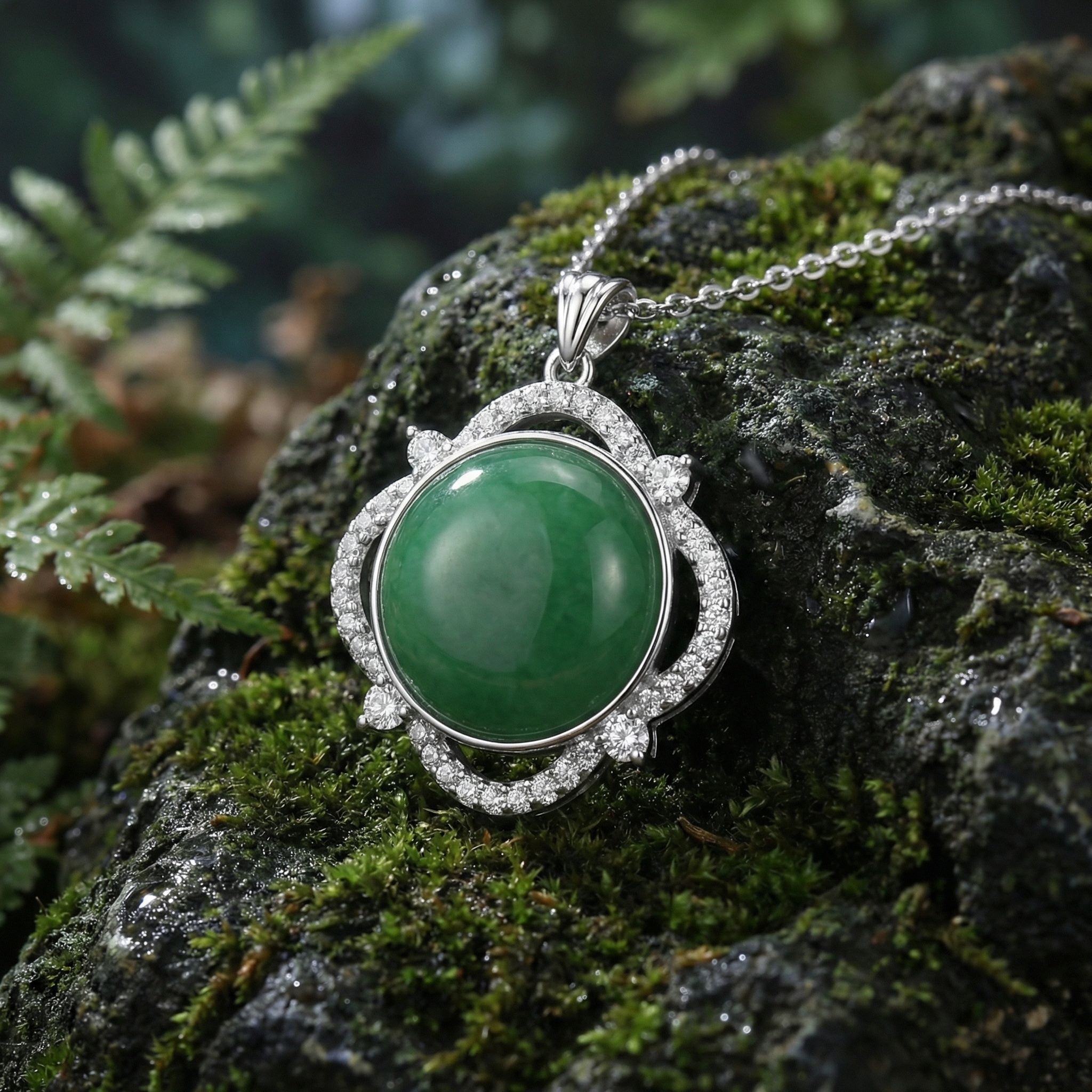 925 Sterling Silver Elegant Sterling Silver Green Jade Cabochon Pendant Necklace with Sparkling Halo Accents