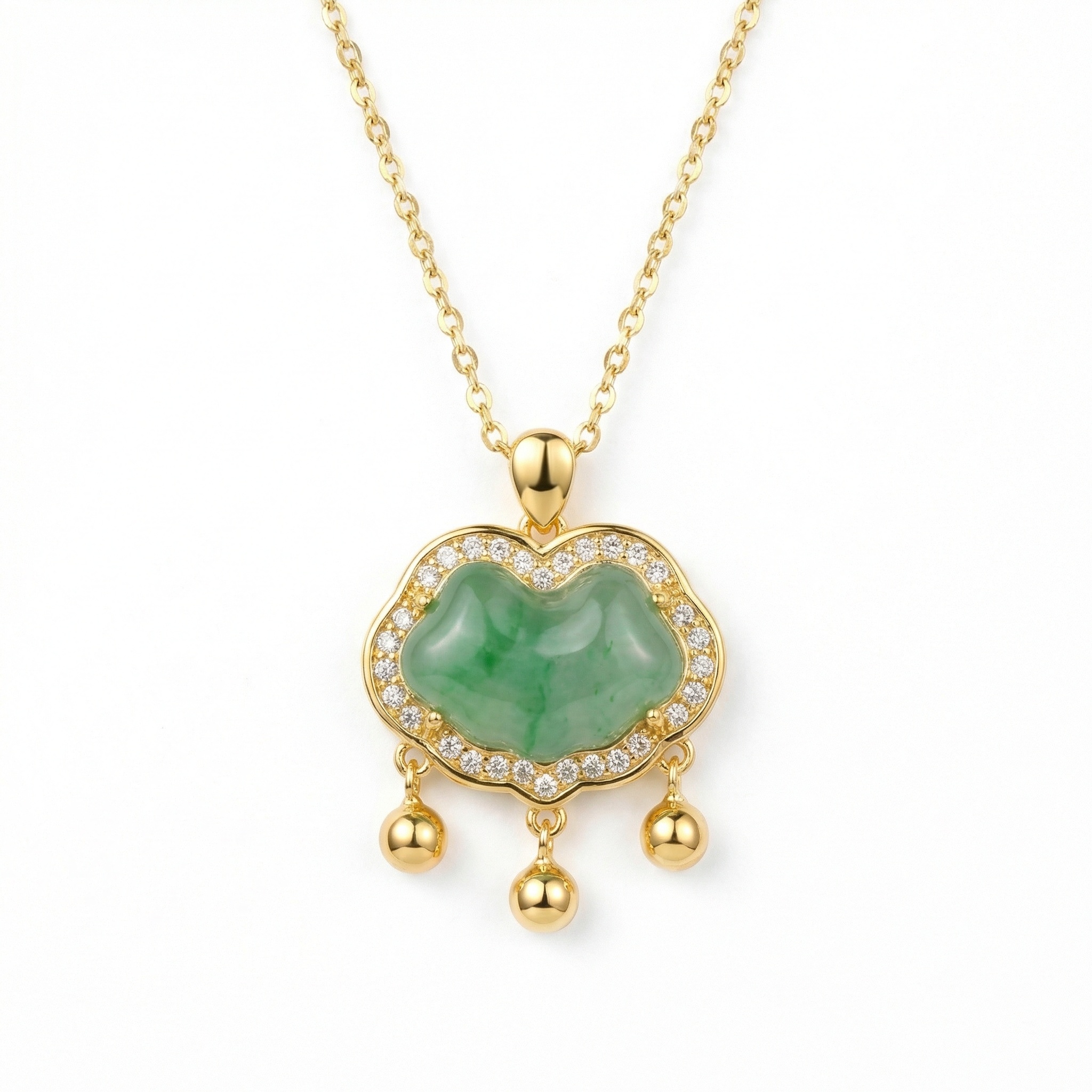 925 Sterling Silver Elegant Green Jadeite Ruyi Pendant Necklace Adorned with Radiant Diamonds and Hanging Accents