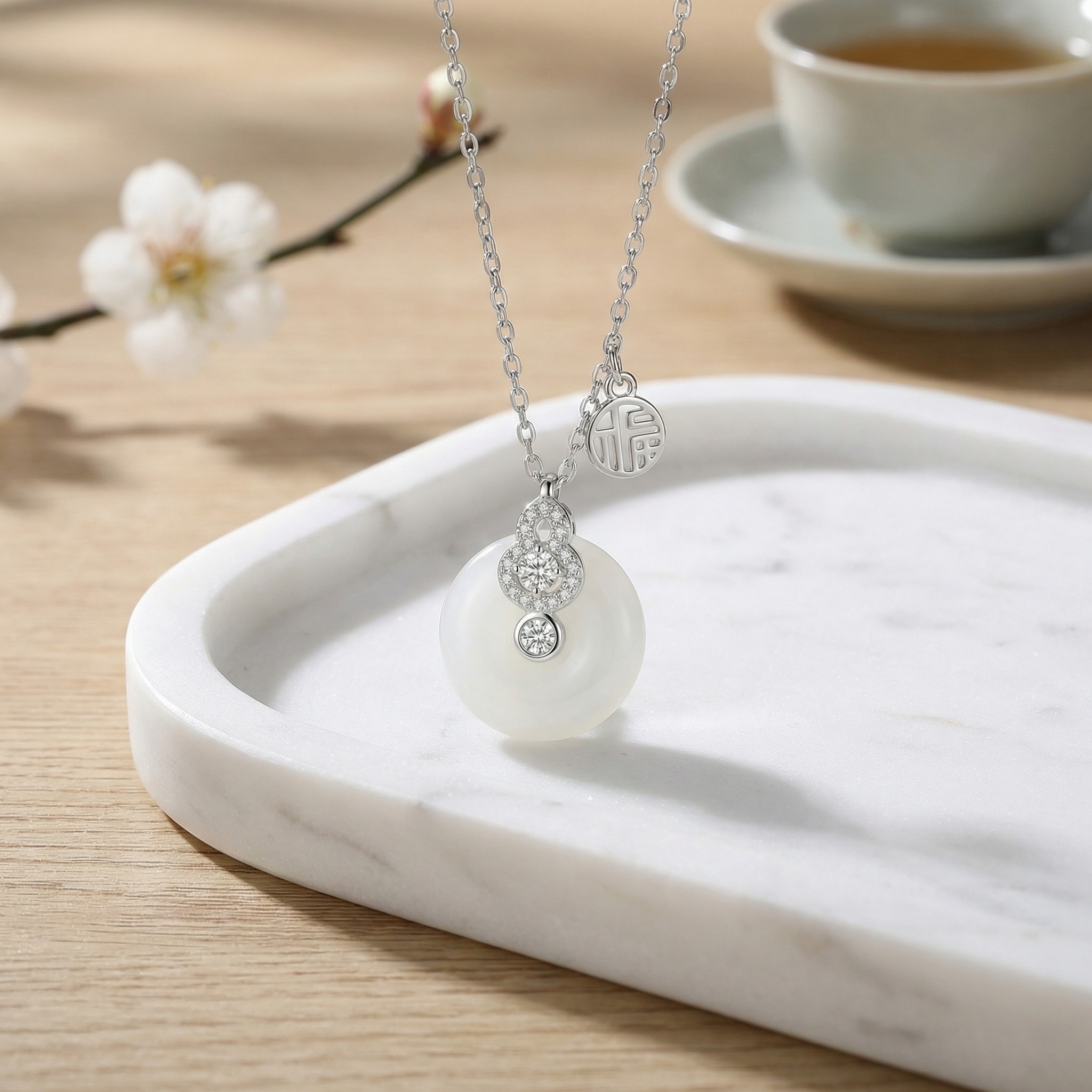 925 Sterling Silver Elegant Silver White Jade Gourd Pendant Necklace with Fortune Charm 