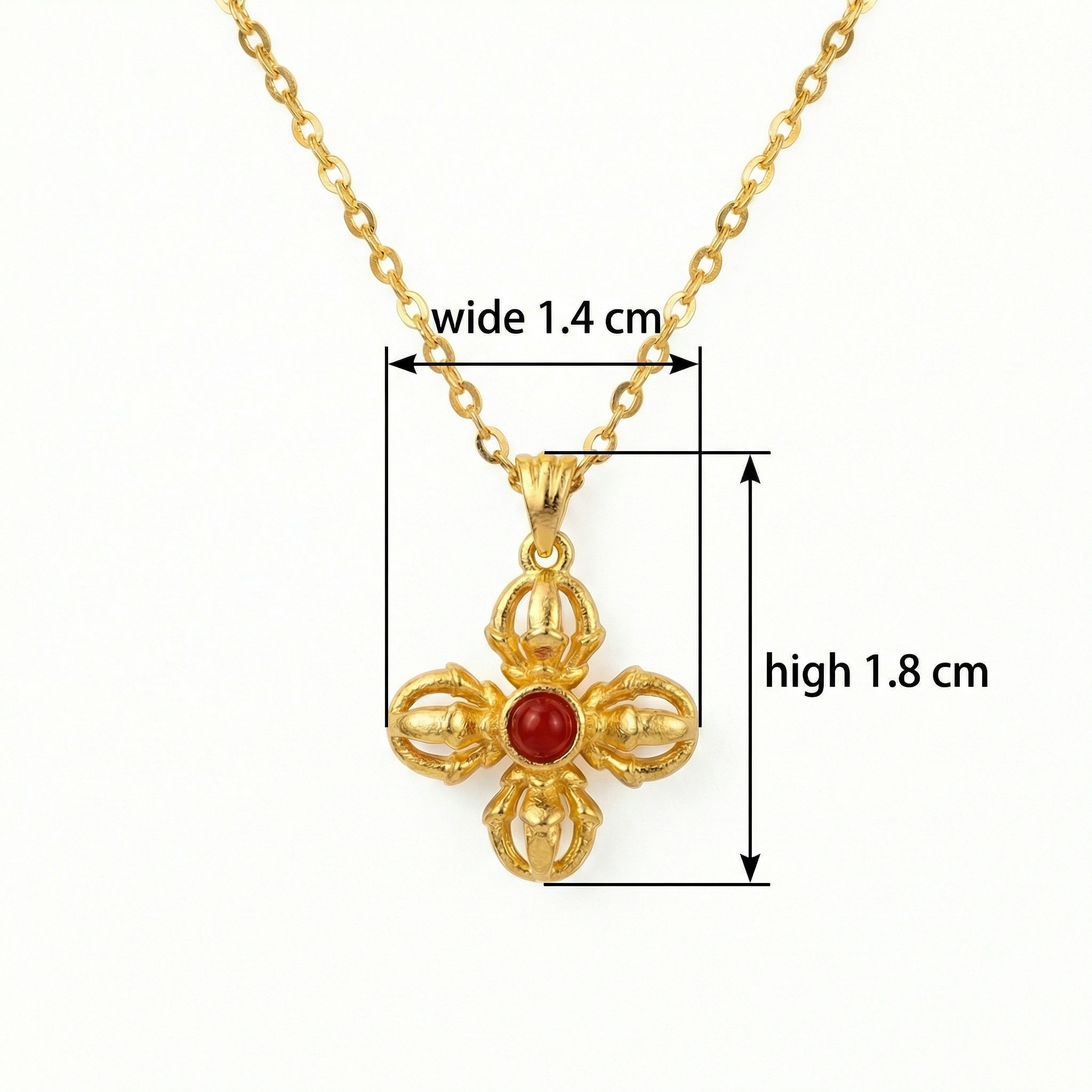 925 Sterling Silver Elegant Tibetan-Inspired Red Gemstone Vajra Cross Pendant Necklace with Ornate Detailing 