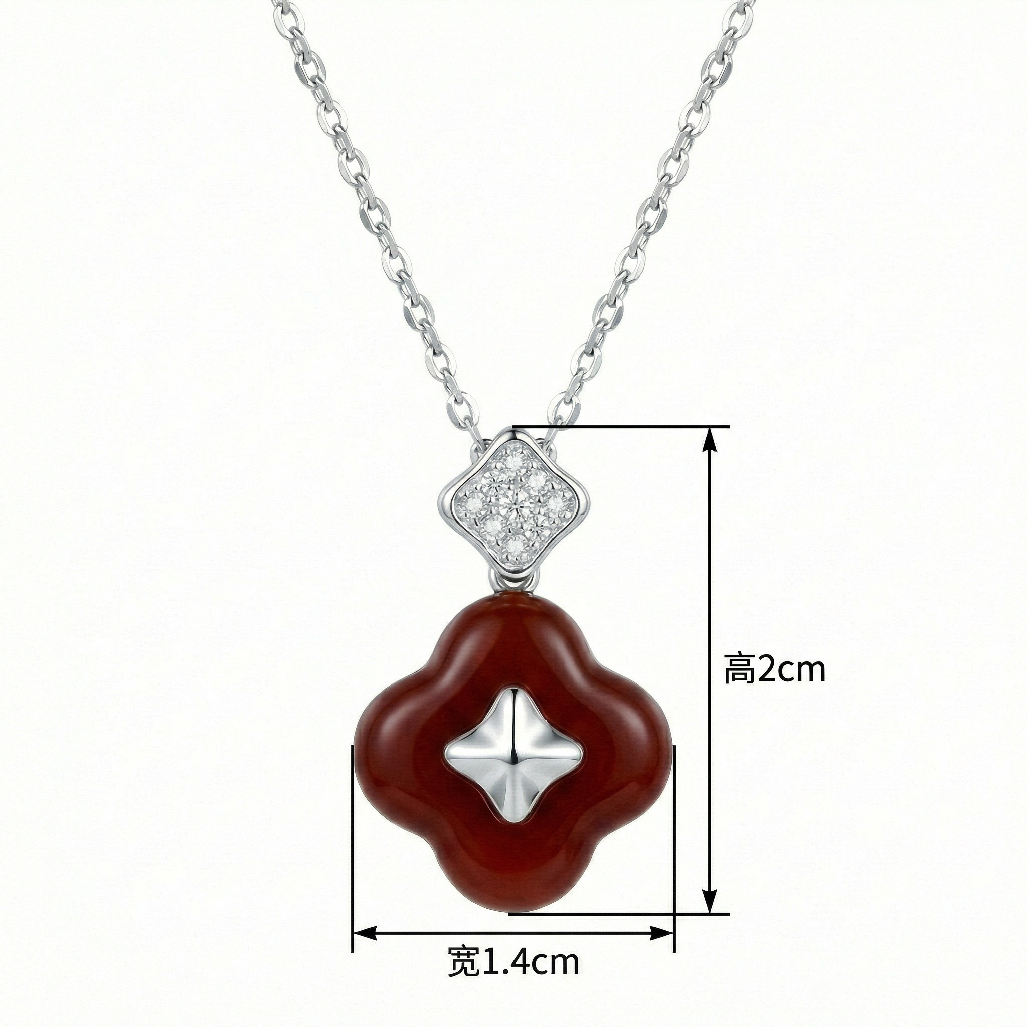 925 Sterling Silver Elegant Red Agate Clover Pendant Necklace with Diamond Accents and Star Centerpiece