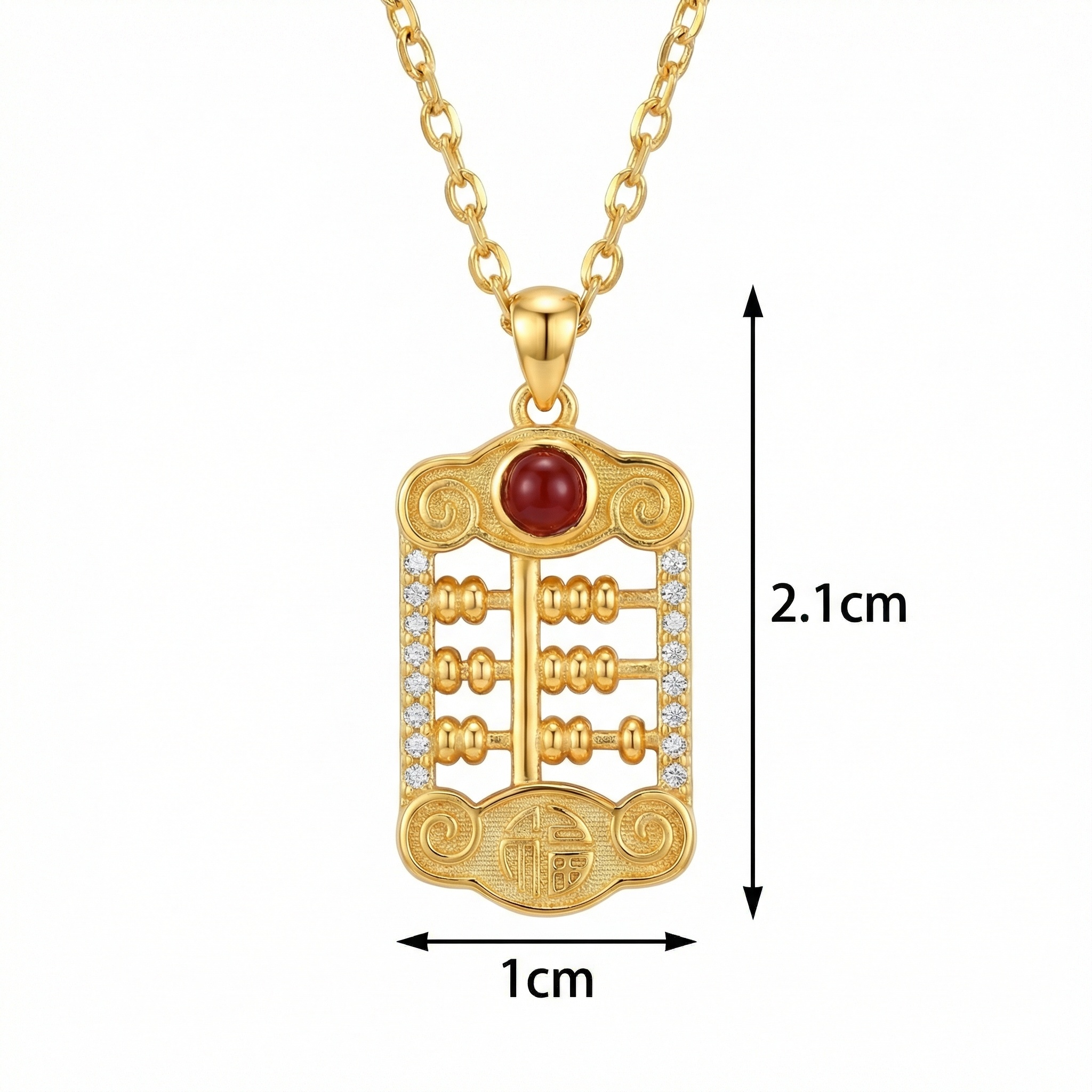 925 Sterling Silver Traditional Suanpan Blessing Necklace Featuring Prosperity Symbols and Radiant Red Gemstone
