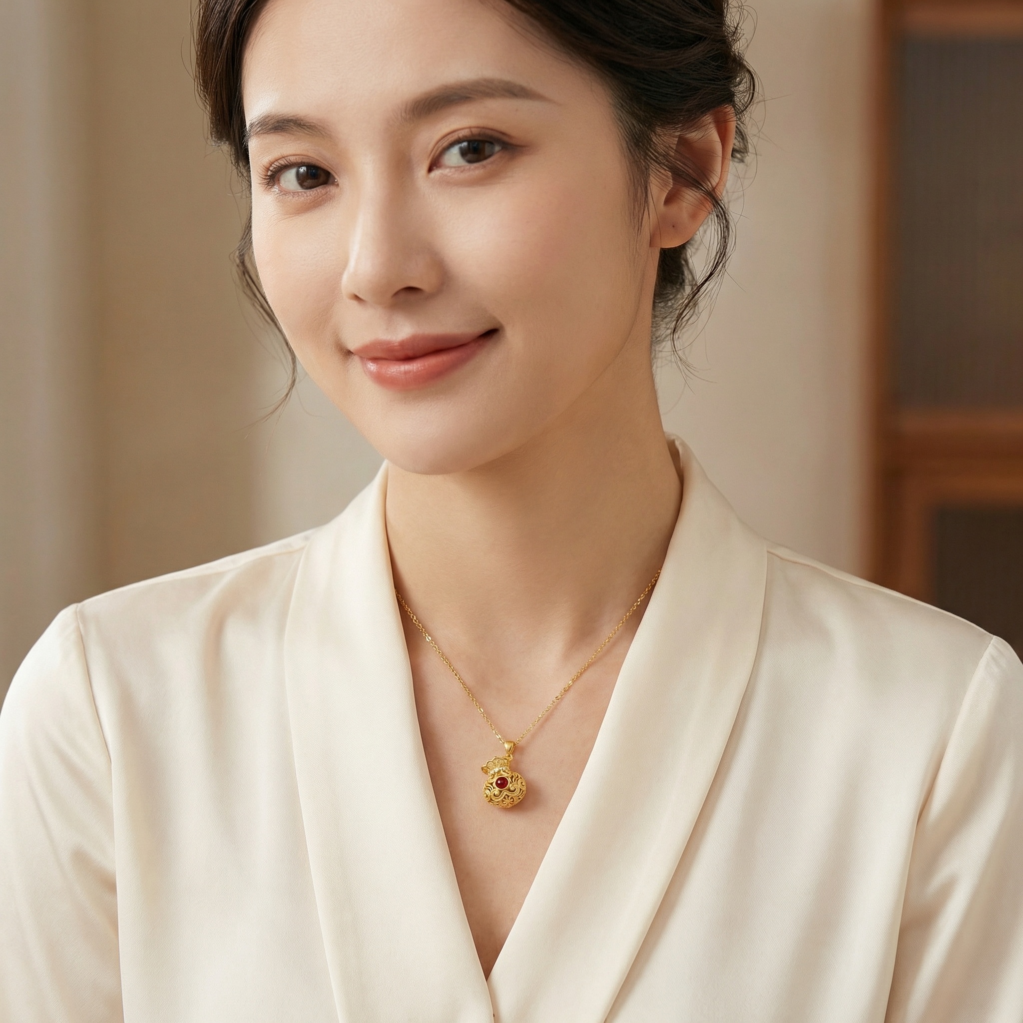 925 Sterling Silver Elegant Filigree Money Bag Necklace with Vibrant Red Gemstone and Sparkling Accents 