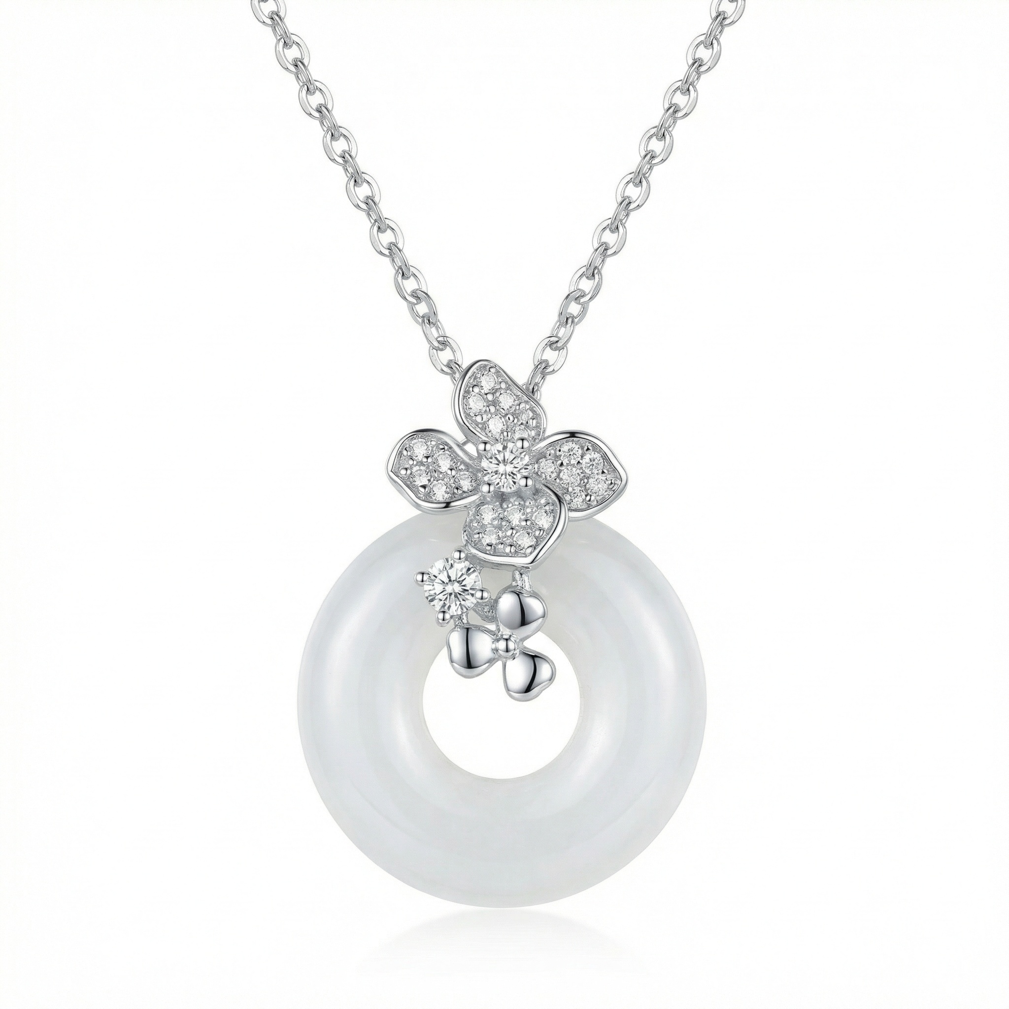 925 Sterling Silver Elegant White Jade Donut Necklace with Diamond-Studded Flower Charm in Sterling Silver