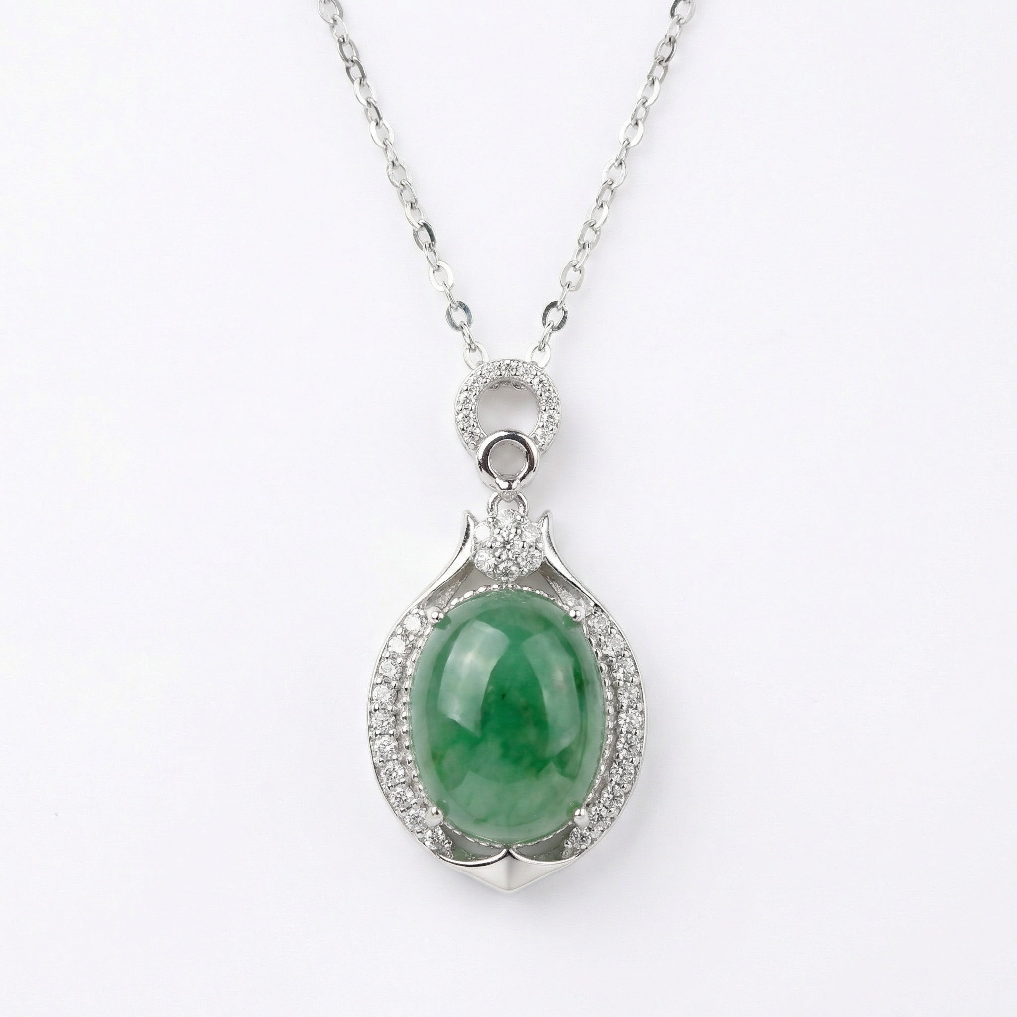 925 Sterling Silver Elegant Oval Green Jade Pendant Necklace with Sparkling Crystal Halo and Silver Chain 