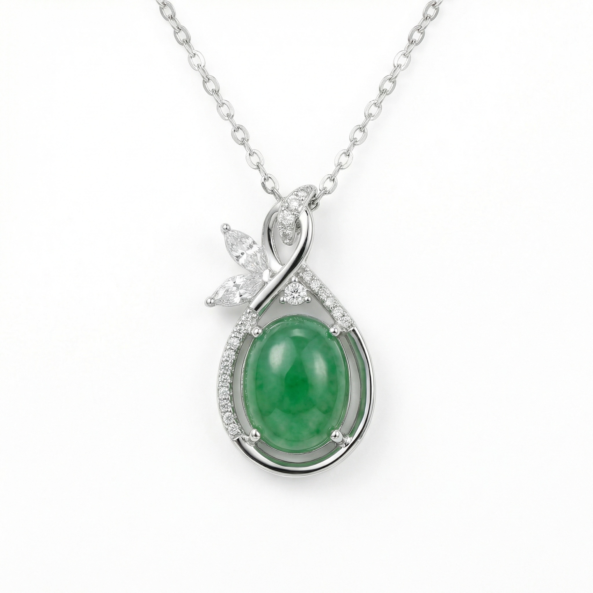 925 Sterling Silver Elegant Oval Green Jadeite Pendant Necklace with Sparkling Diamond Accents in Sterling Silver 
